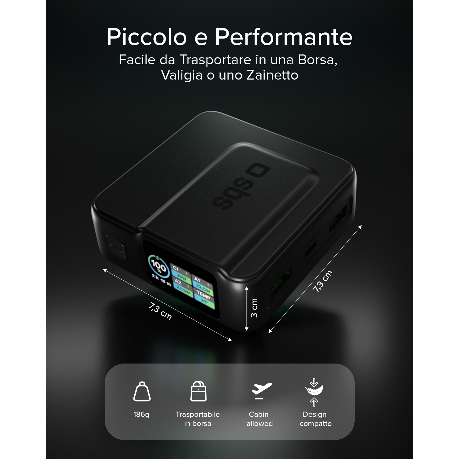 Power bank SBS nera, 7.3x3cm, con display mostra 100% batteria, 35W, 22.5W.