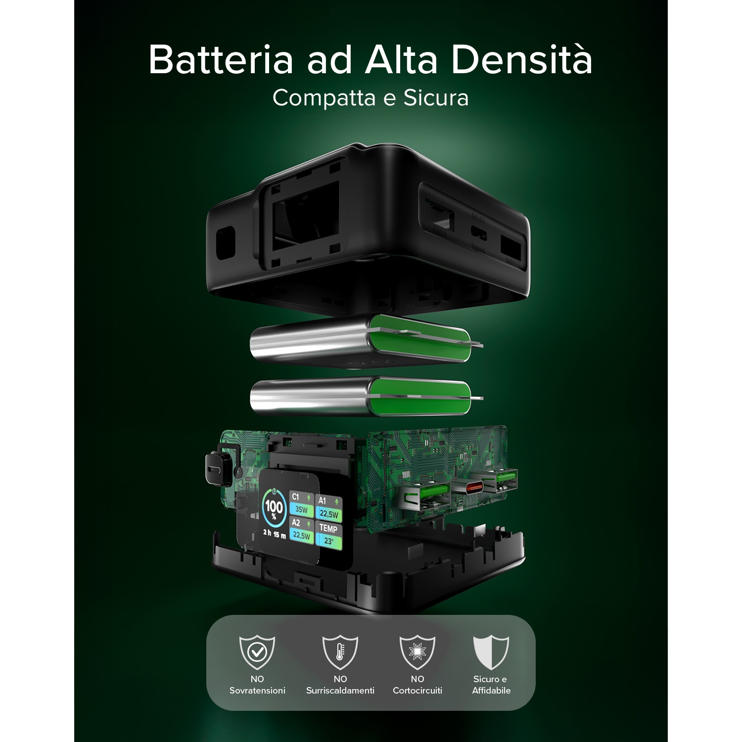 Vista esplosa di un case di ricarica nero con batterie e scheda elettronica.