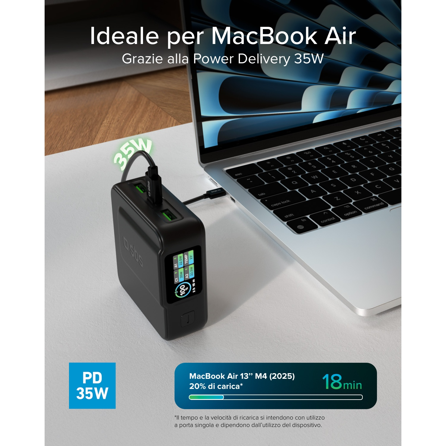 Caricatore SBS nero con display carica MacBook Air. PD 35W.