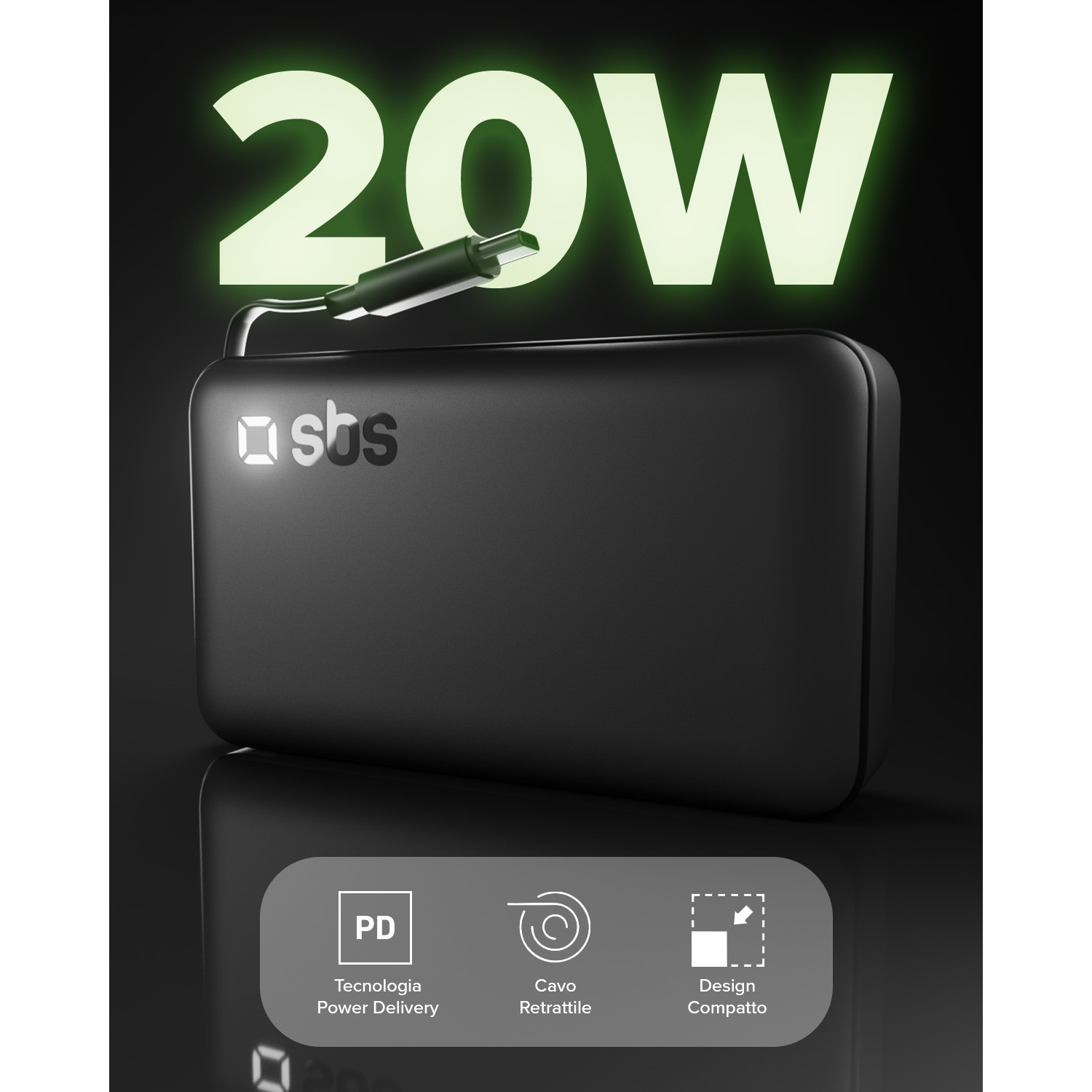 Power bank nero con scritta "20W" e cavo USB-C collegato.