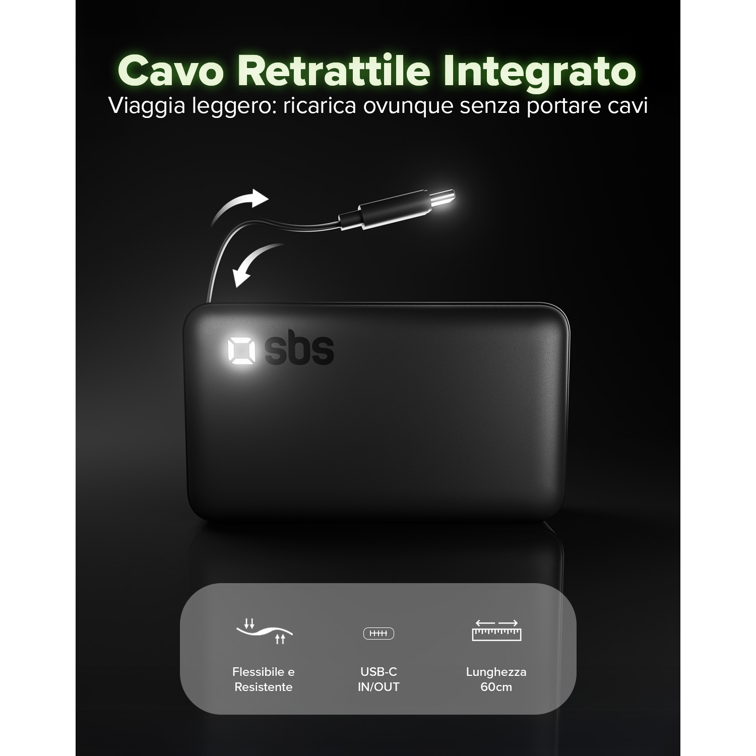 Power bank SBS nera con cavo retrattile integrato, USB-C, 60cm.