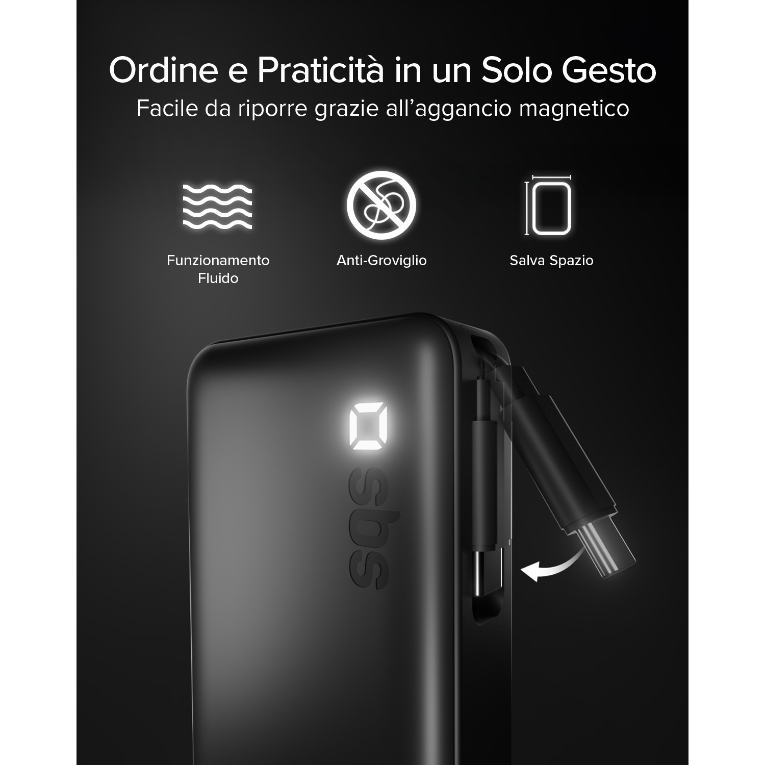 Power bank nero con aggancio magnetico, funzionamento fluido, anti-groviglio e salvaspazio.