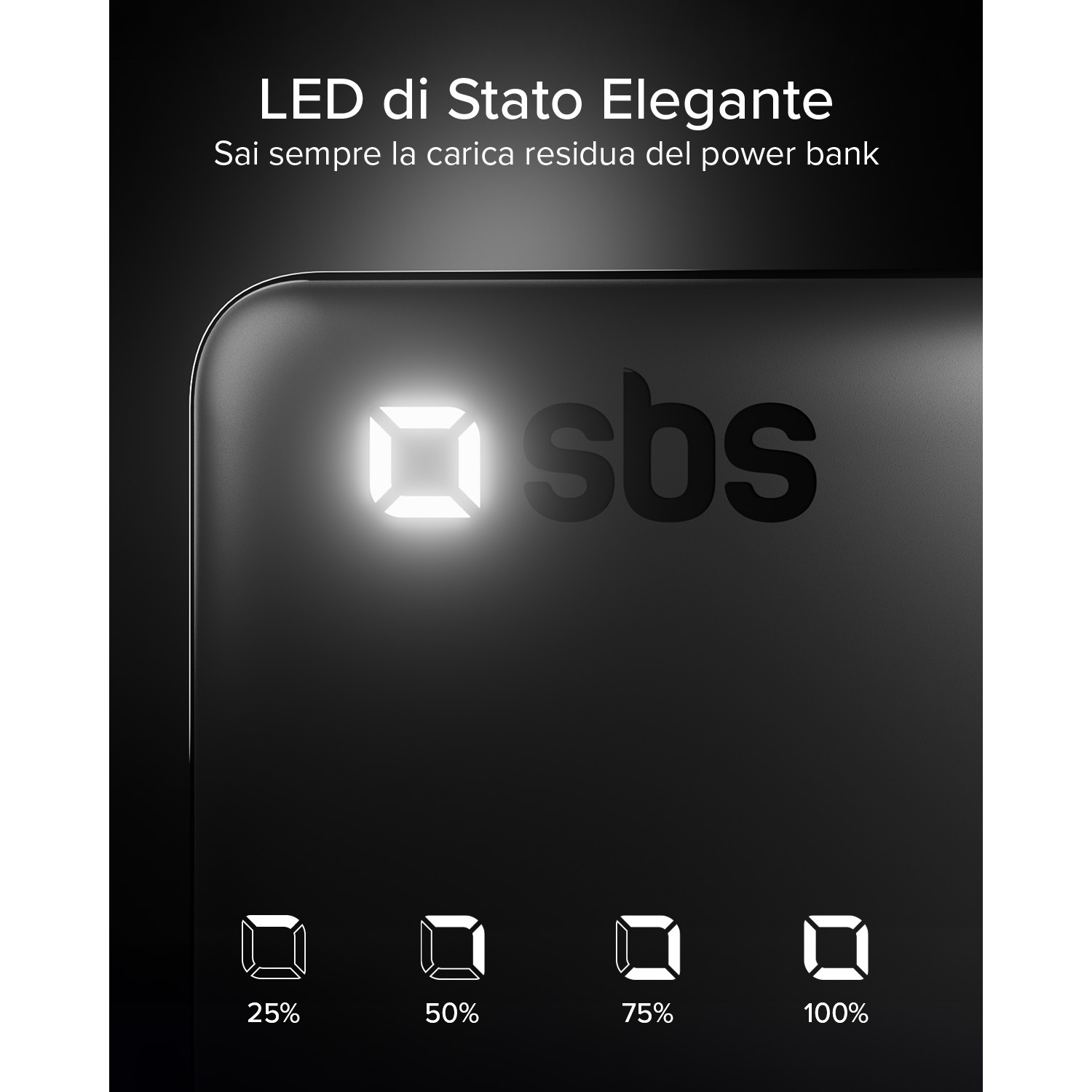 LED elegante che mostra i livelli di carica: 25%, 50%, 75%, 100%.