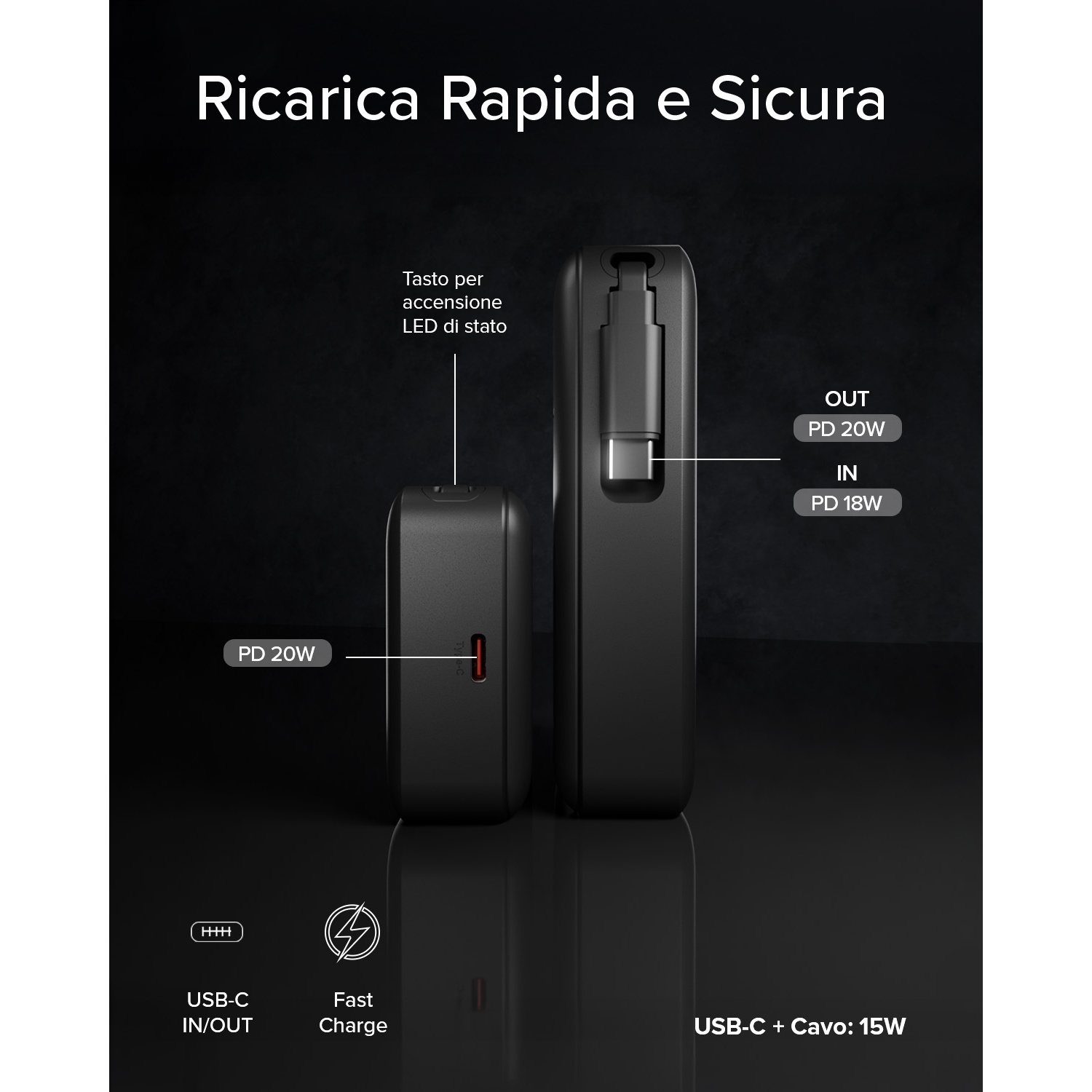 Due power bank nere con porte USB-C e specifiche di potenza indicate.