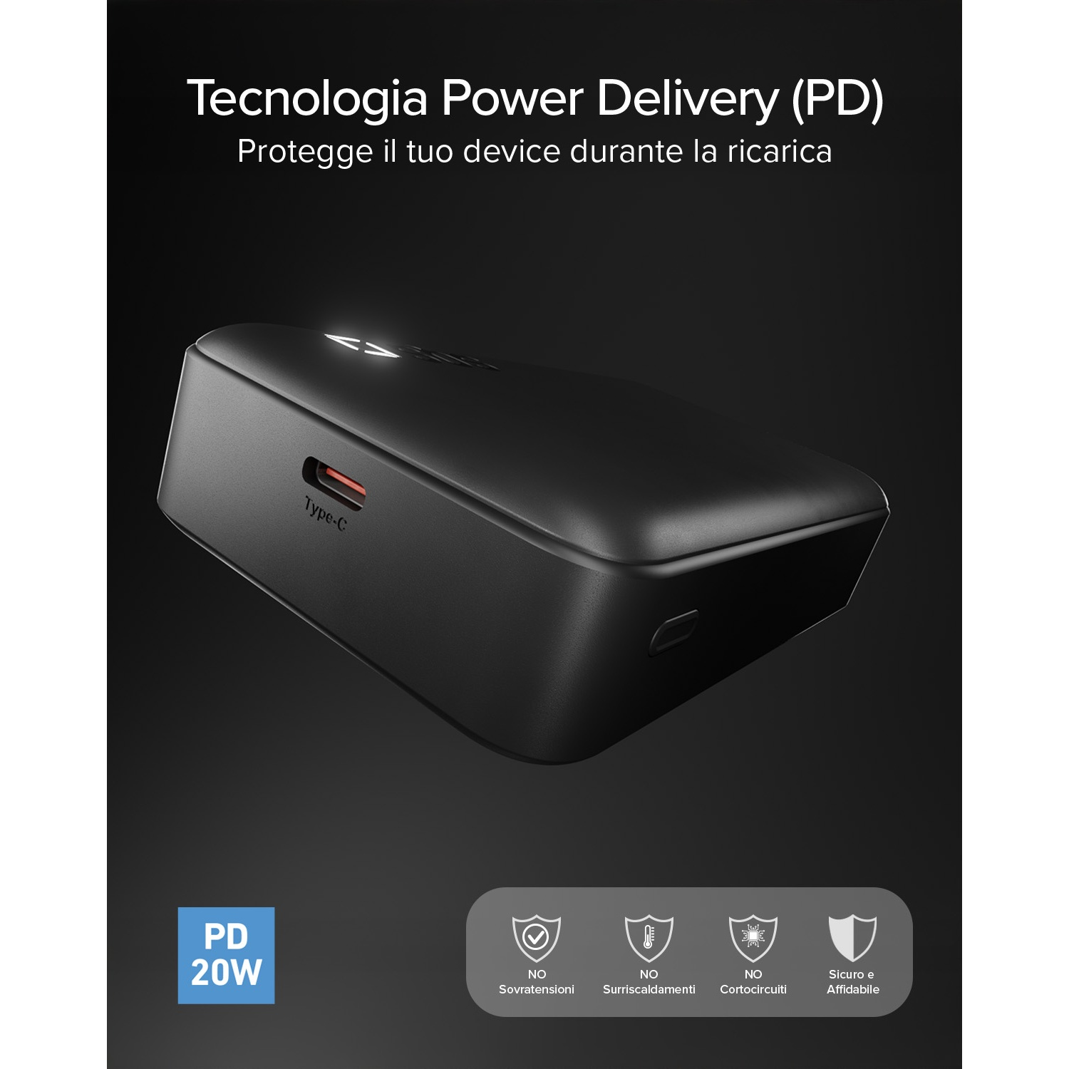 Caricatore nero con porta "Type-C" e logo "PD 20W".