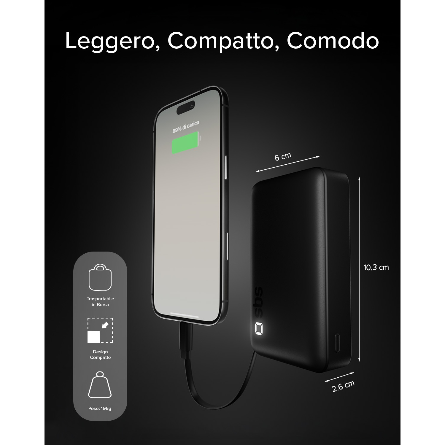 Uno smartphone nero si carica via cavo da un power bank nero di 10,3x6x2,6cm.