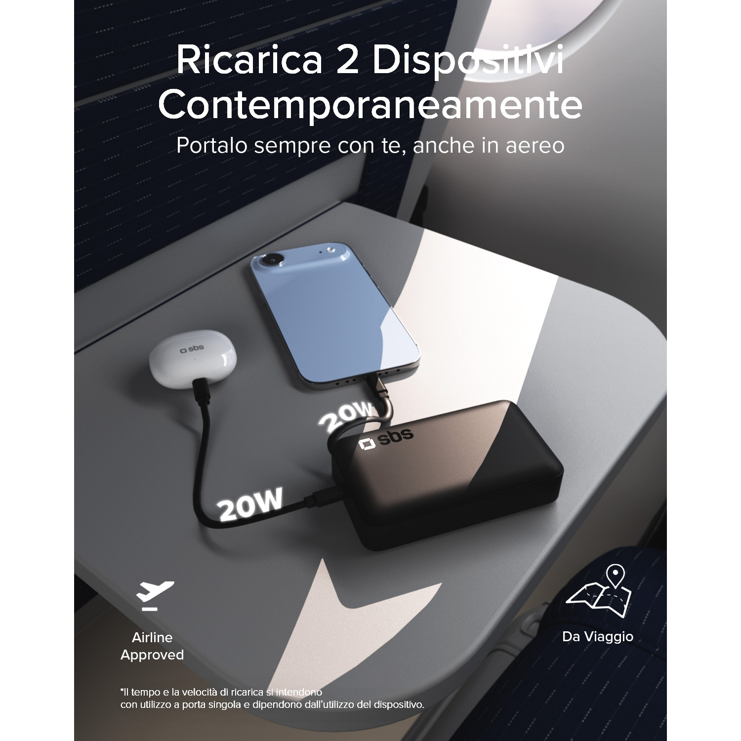 Un power bank nero carica uno smartphone blu e auricolari bianchi.