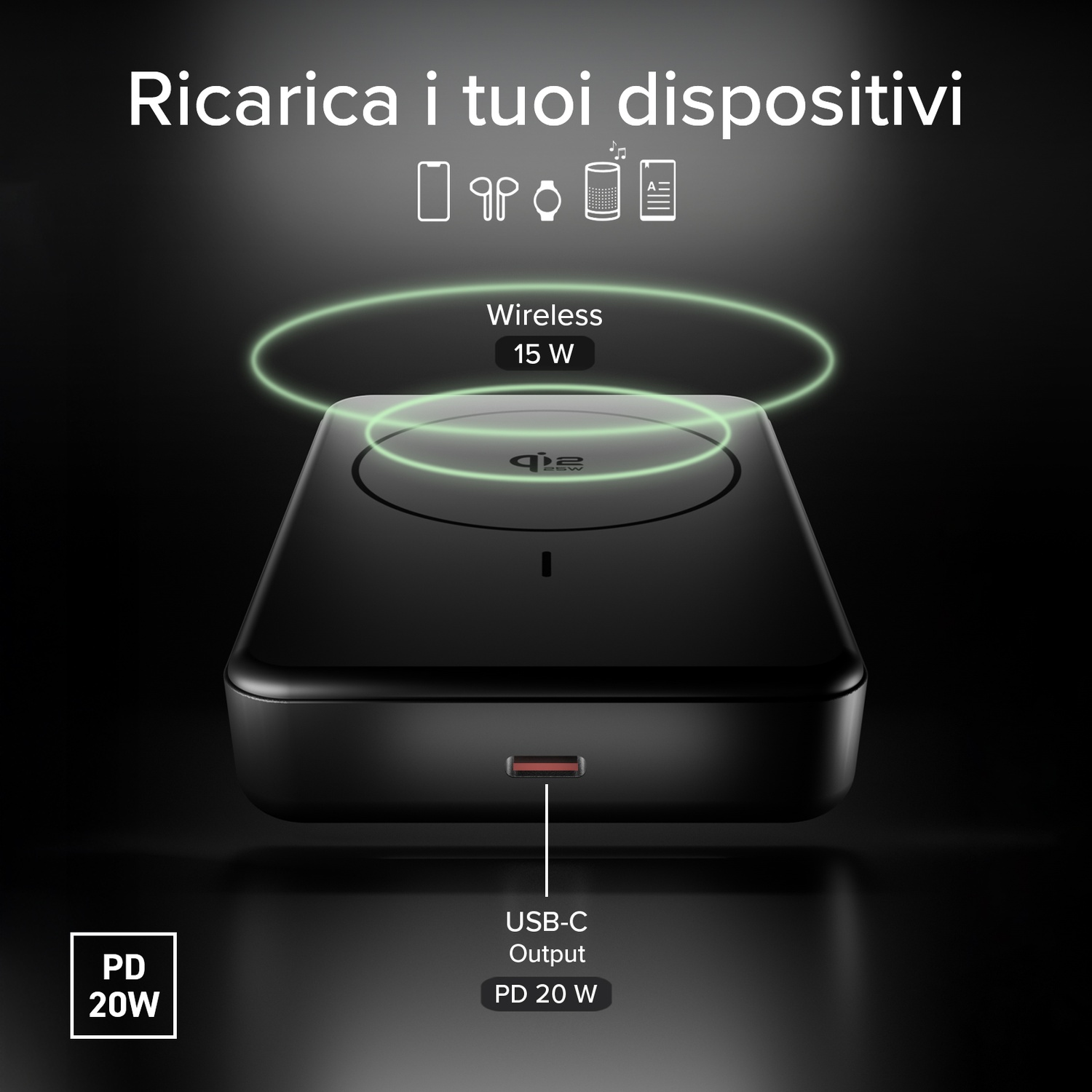 Caricatore nero con icone telefono, auricolari, orologio. Wireless 15W.