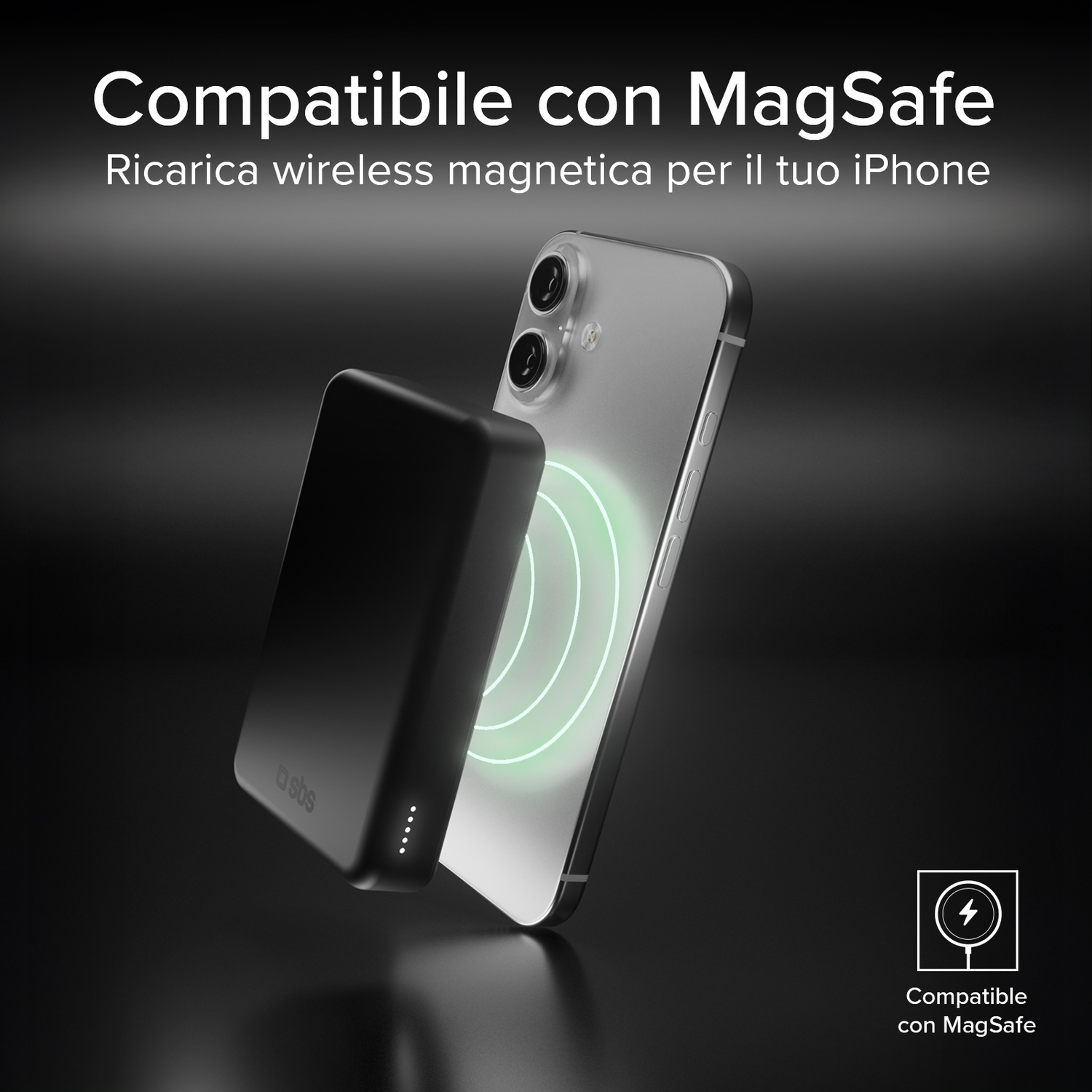 Power bank nera carica iPhone con MagSafe. Logo "Compatibile con MagSafe".