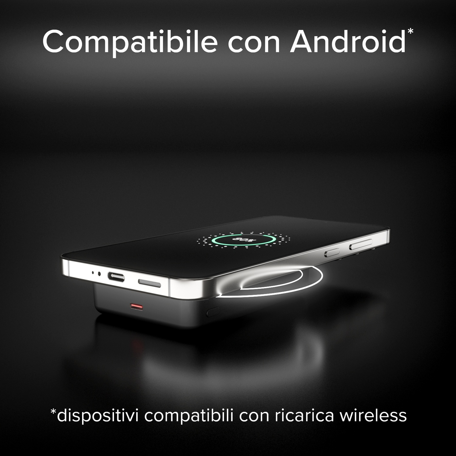 Uno smartphone poggia su un caricabatterie wireless nero. Testo: Compatibile con Android.