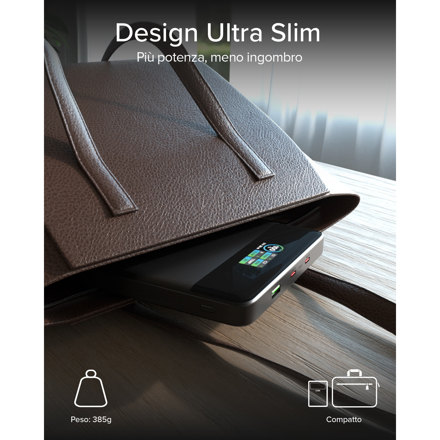 Power bank sottile in borsa di pelle, peso 385g, compatto.