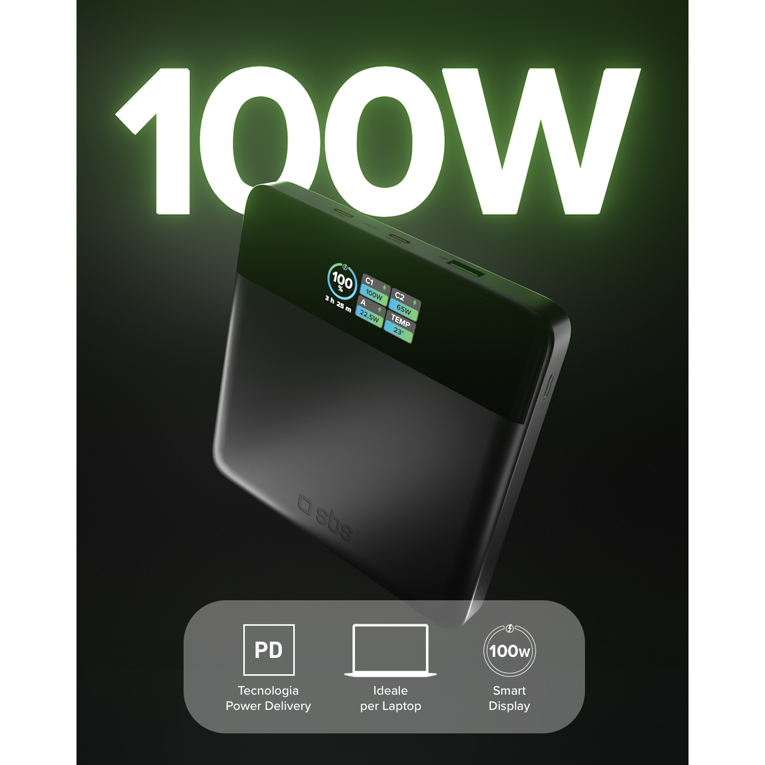 Power bank nero con display che mostra 100W di uscita. Caratteristiche PD, ricarica laptop, display smart.