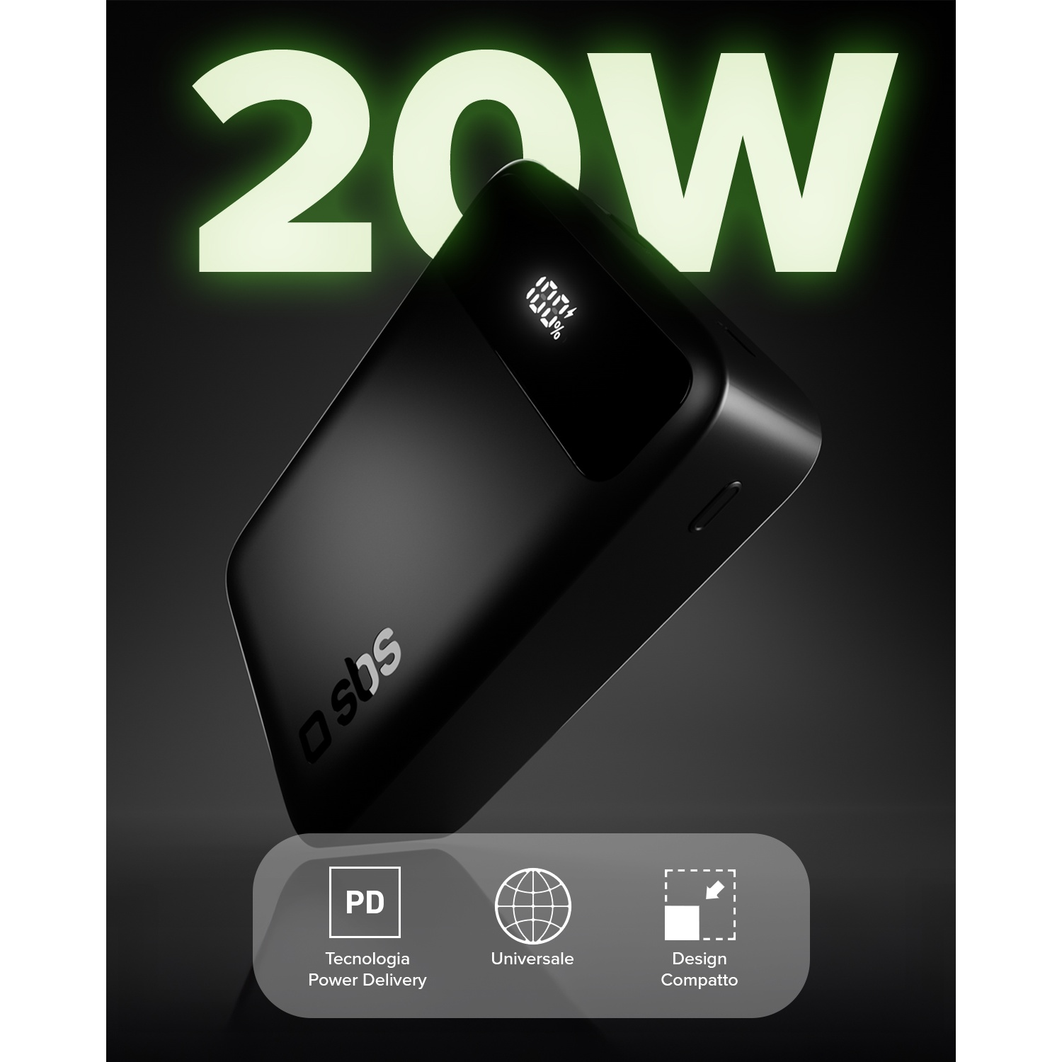 Power bank nera da 20W con display digitale e tecnologia PD.