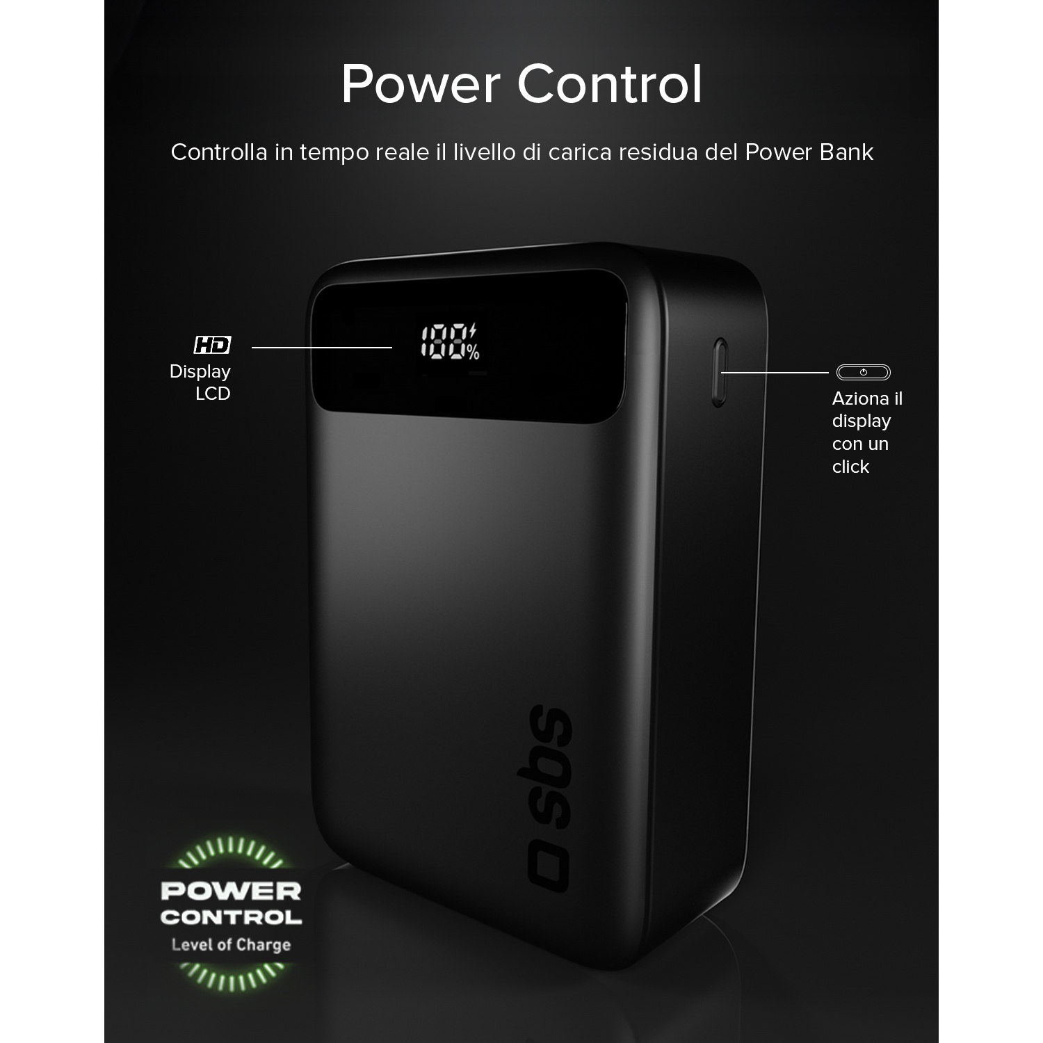 Power bank nera con display LCD HD che mostra il 100% di carica.
