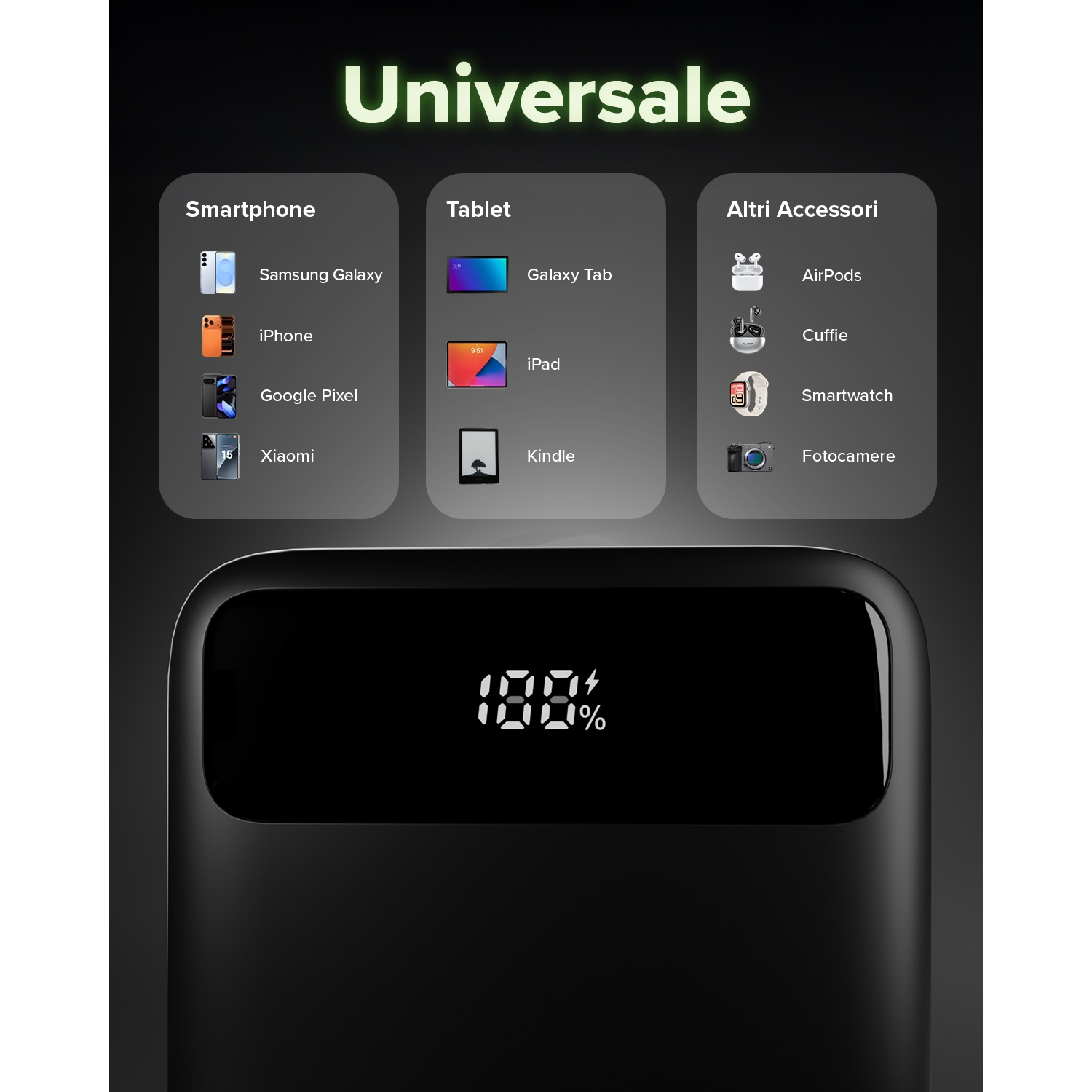 Power bank nero con carica al 100%. Elenco dispositivi compatibili.