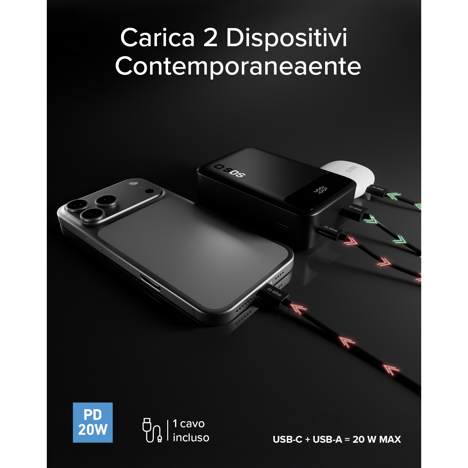 Uno smartphone si carica con un power bank nero e cavi.