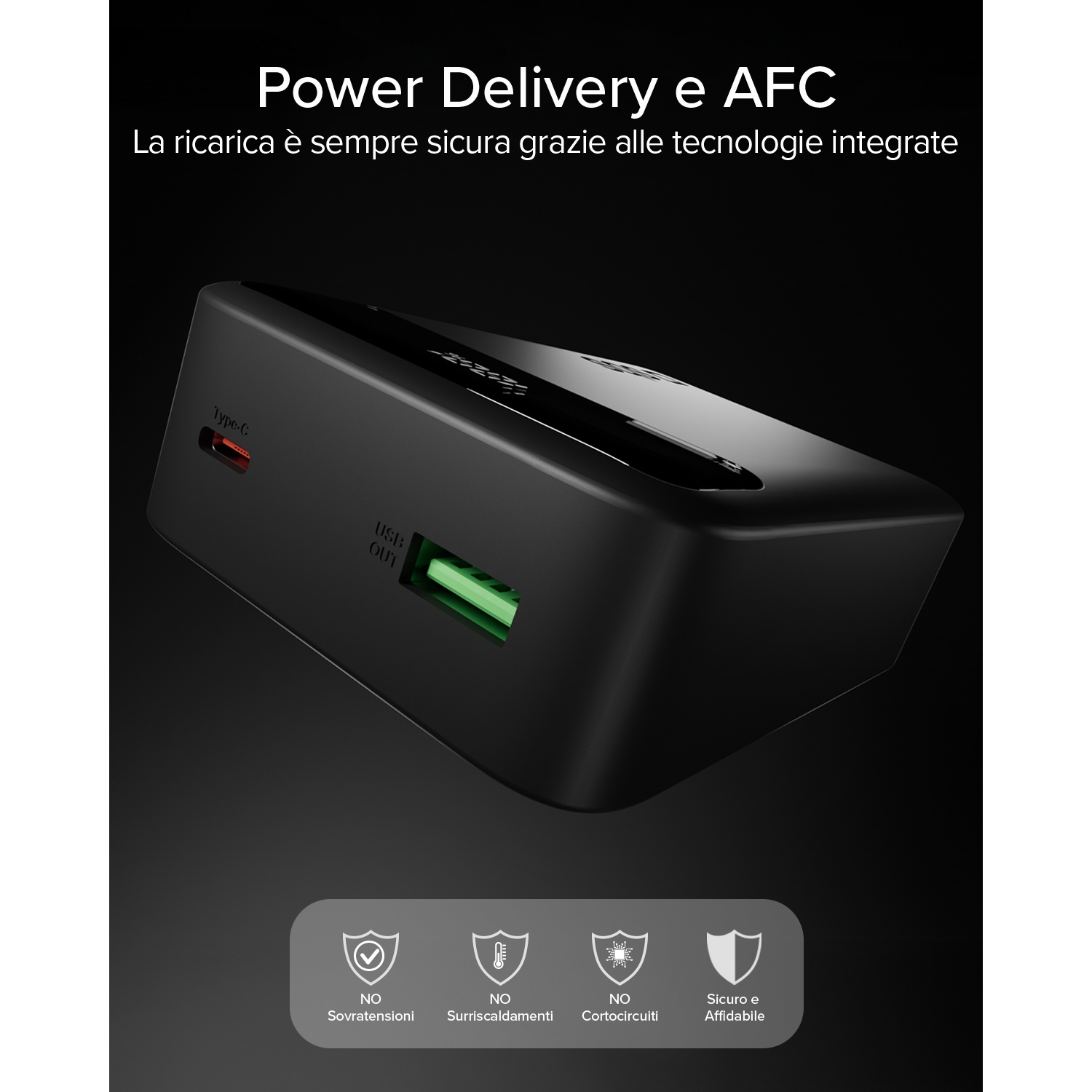 Adattatore caricabatterie nero con porte USB-A, USB-C e icone di sicurezza.