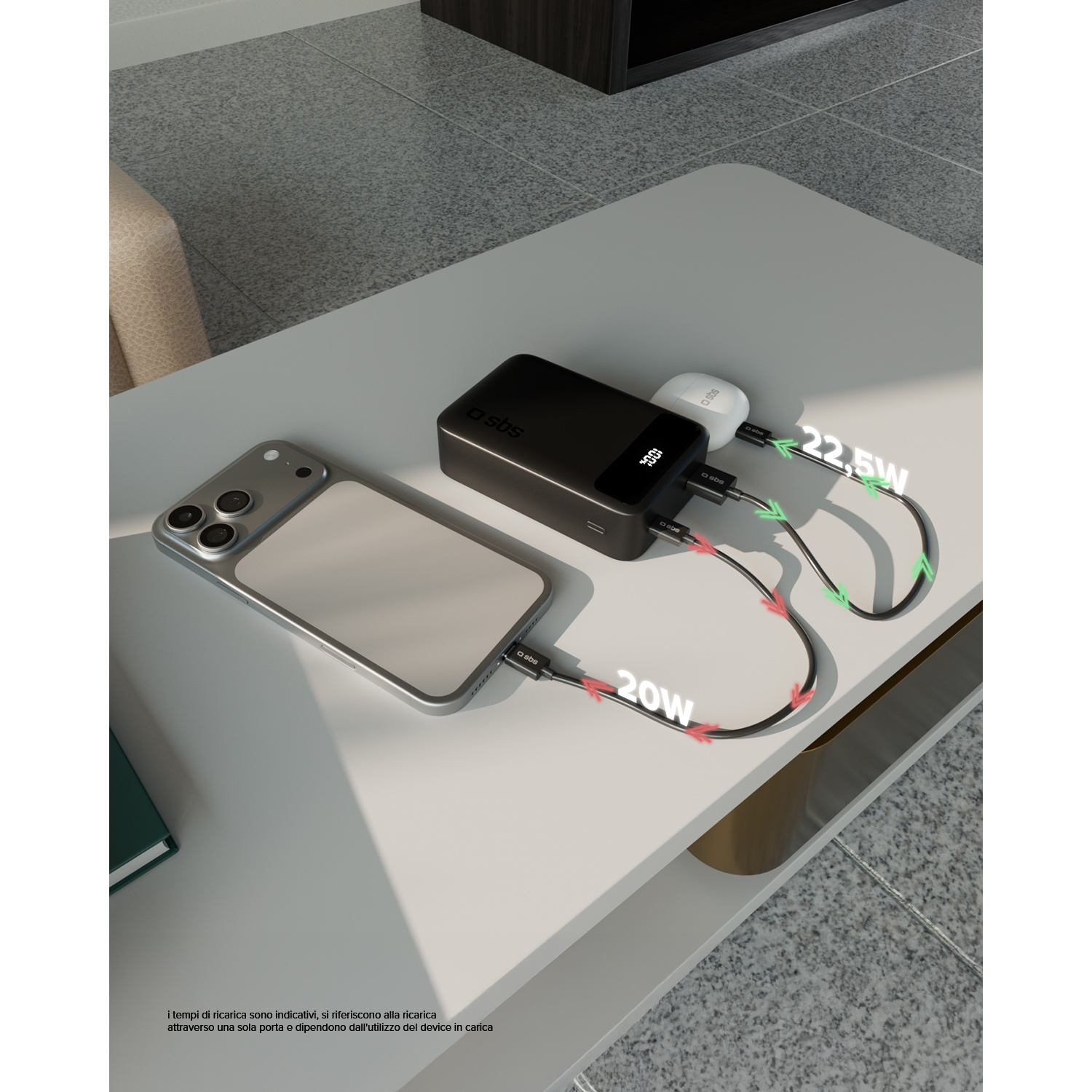 Power bank nera collegata a telefono e auricolari, con ricarica da 20W e 22,5W.