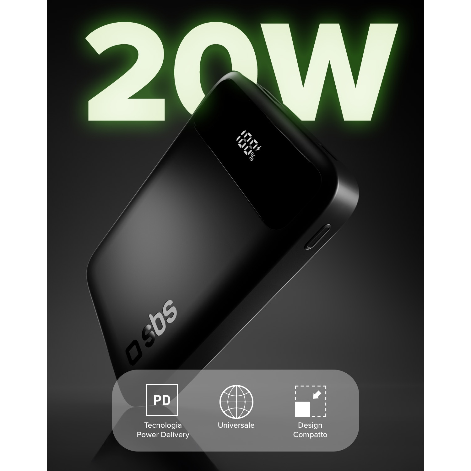 Power bank nero da 20W con display digitale e icona PD.