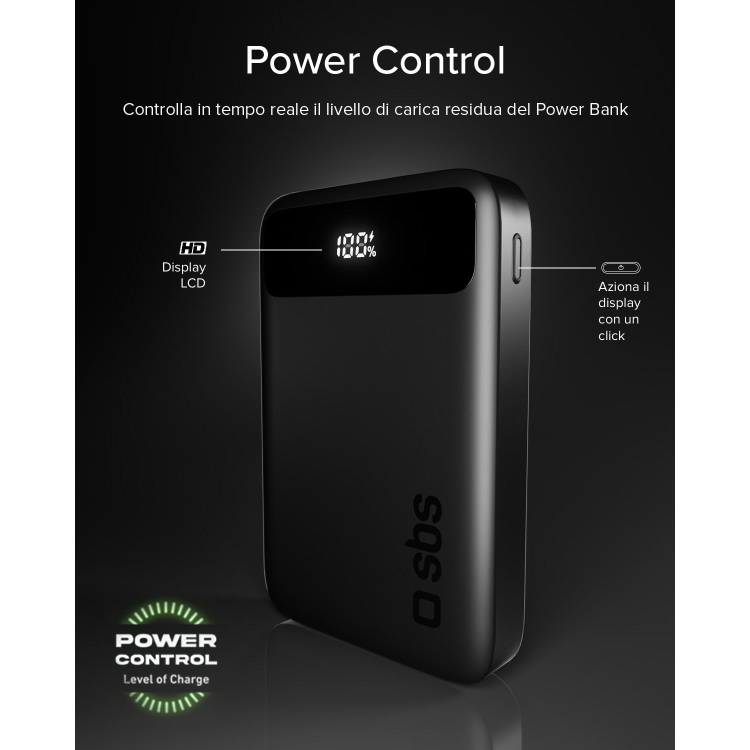 Power bank nero con display LCD che mostra il 100% di carica.