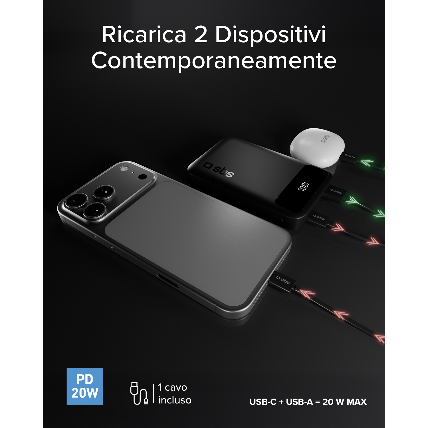 Smartphone nero in carica accanto a power bank nera e auricolare bianco.