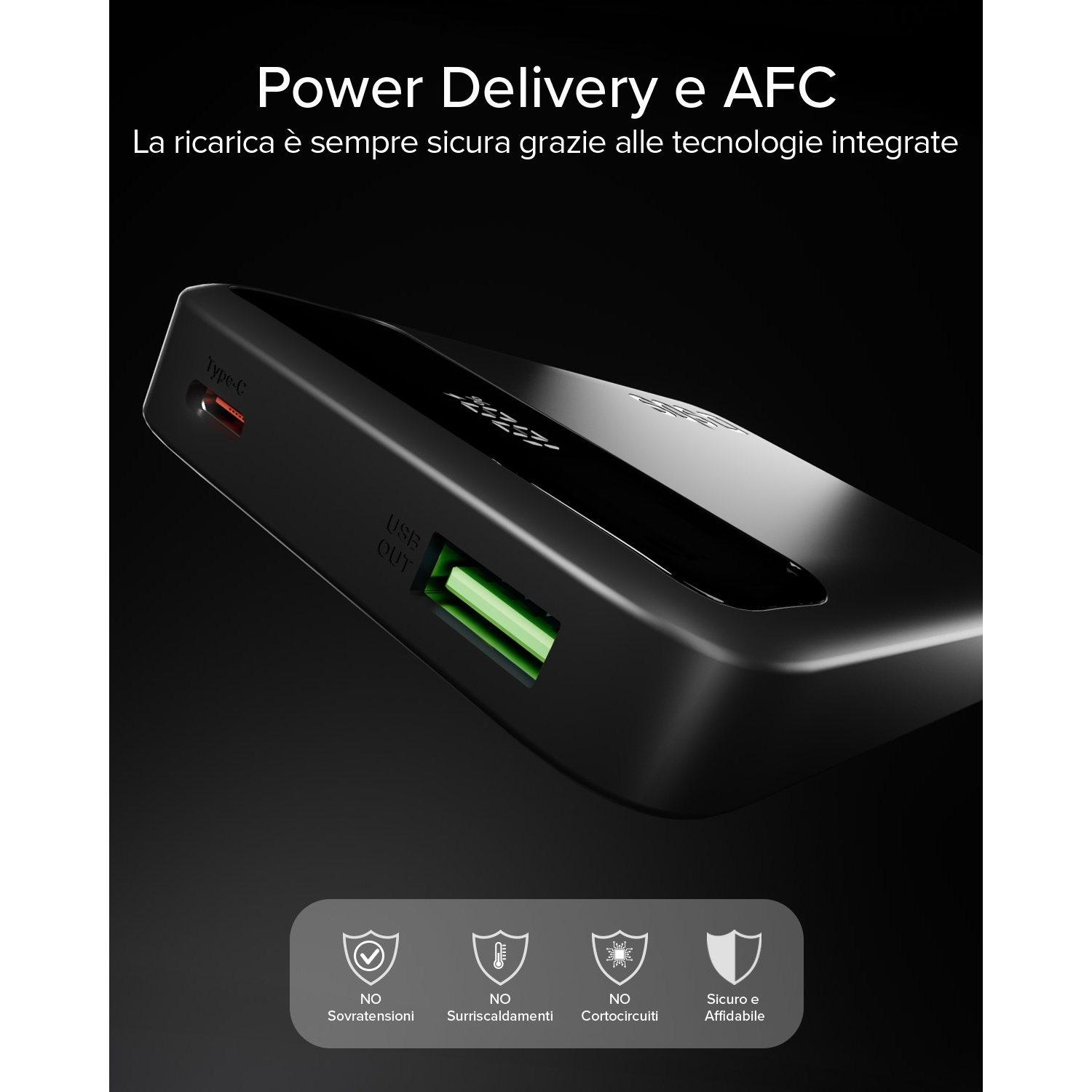 Caricatore nero con porte USB-C e USB-A, mostra icone di sicurezza.