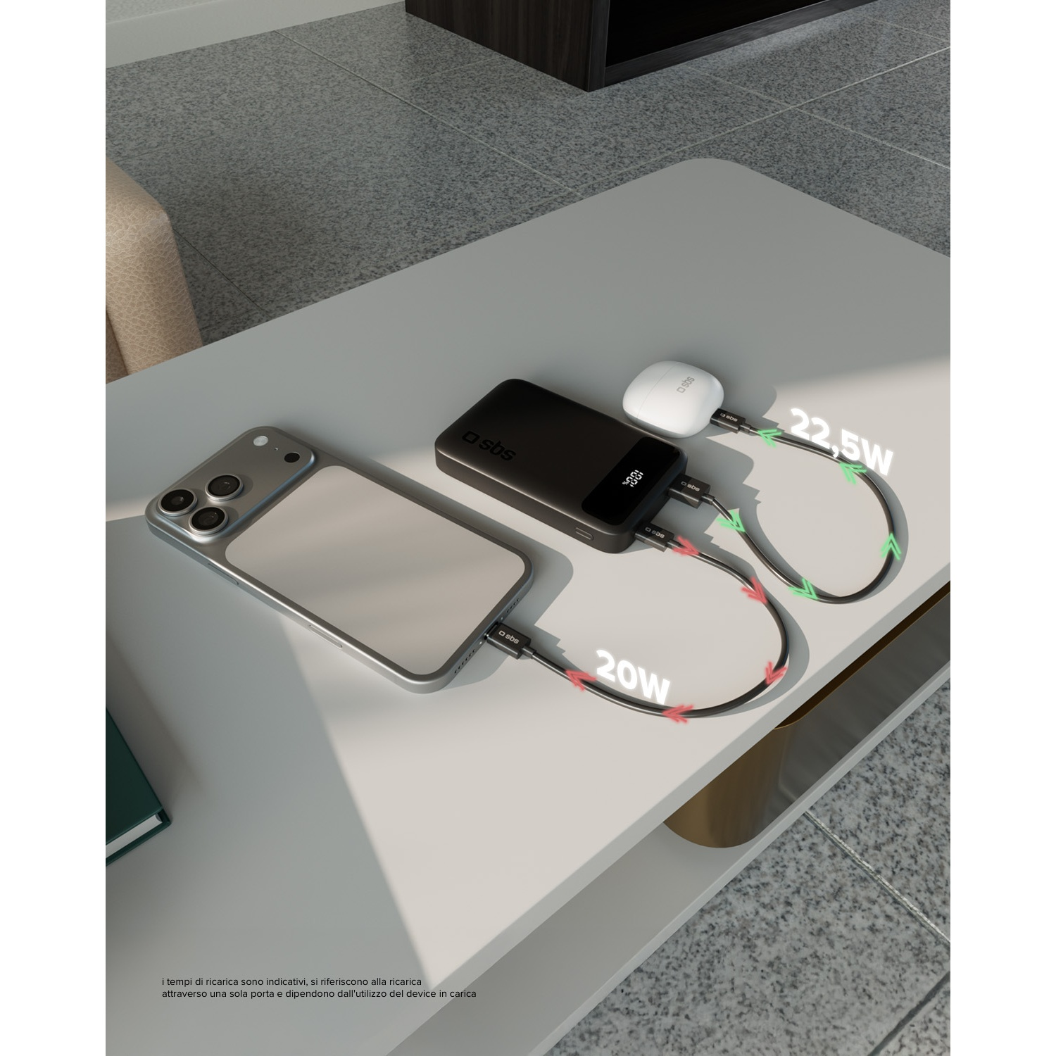 Un power bank SBS nero carica uno smartphone e un dispositivo bianco. 20W e 22,5W.