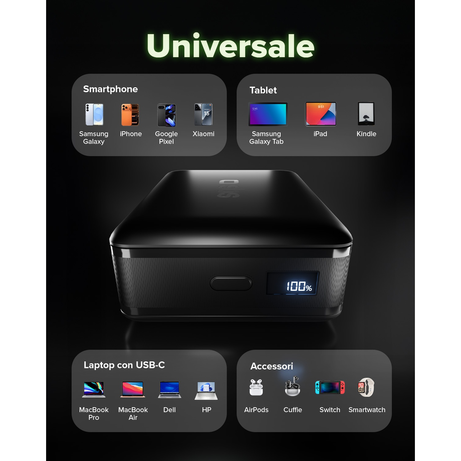 Caricatore nero con display 100%, compatibile con molti dispositivi.