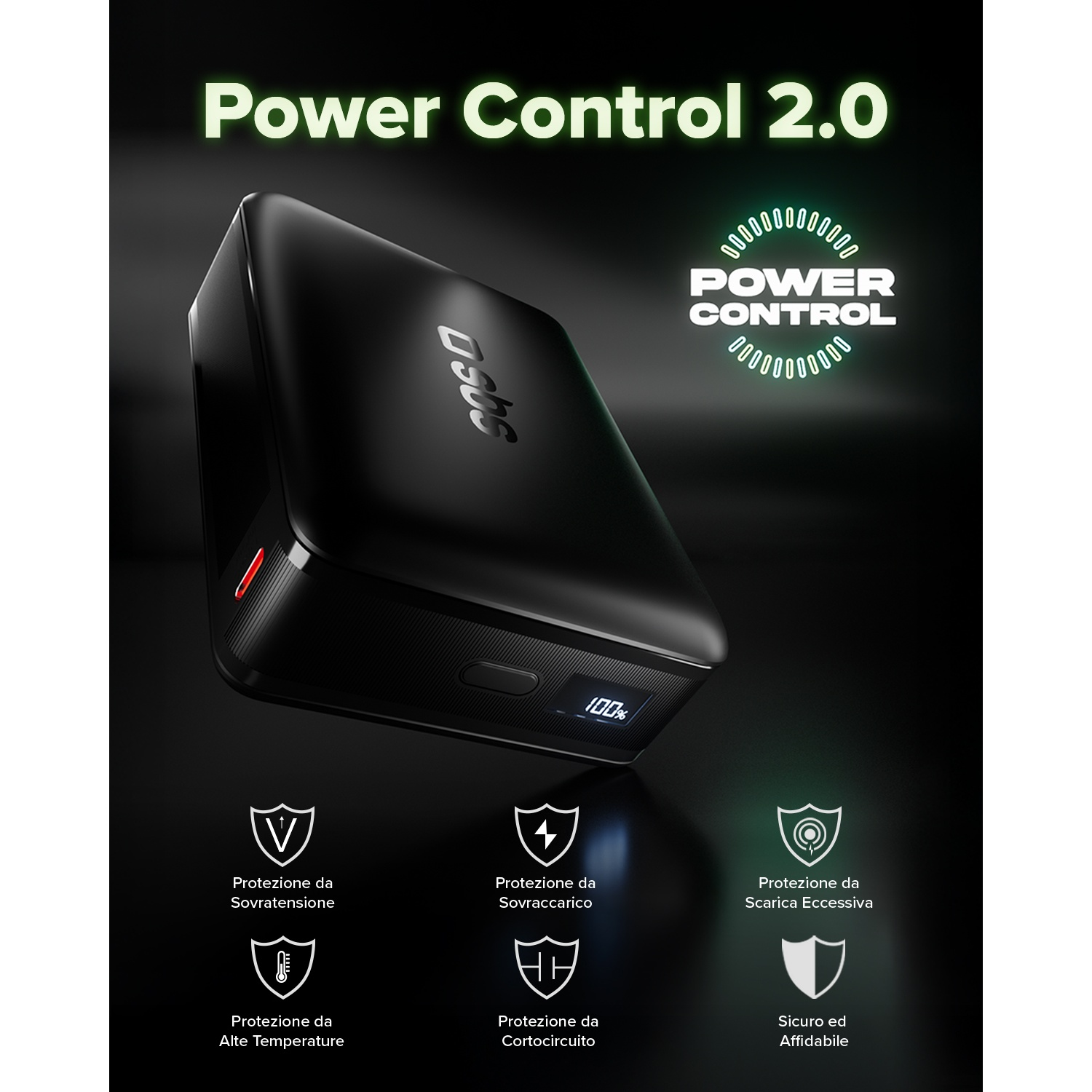 Power bank nero con logo "Power Control 2.0" e icone di protezione.