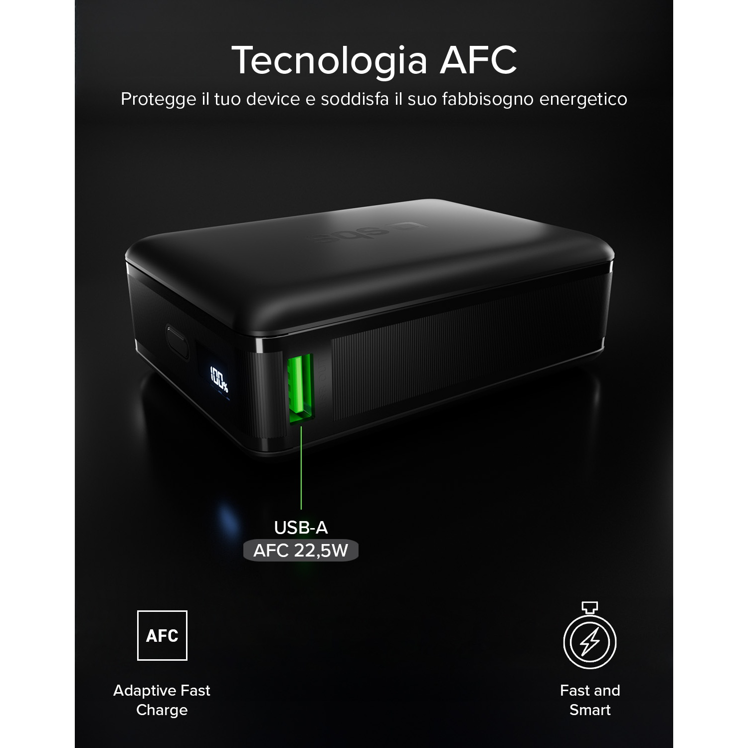 Power bank nero con porta USB-A e indicatore di carica 100%.