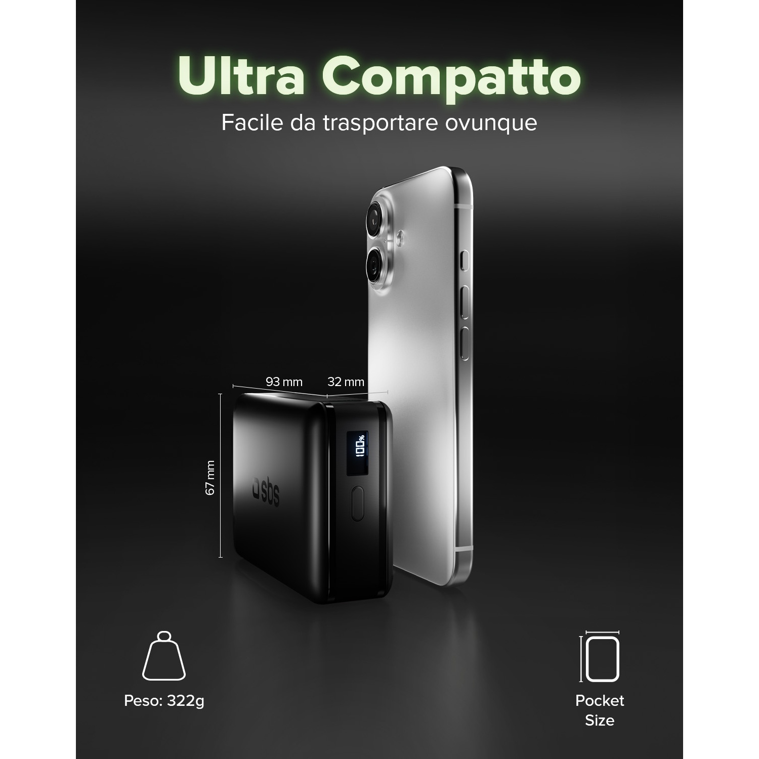 Power bank nero accanto a uno smartphone. Dimensioni e peso mostrati.