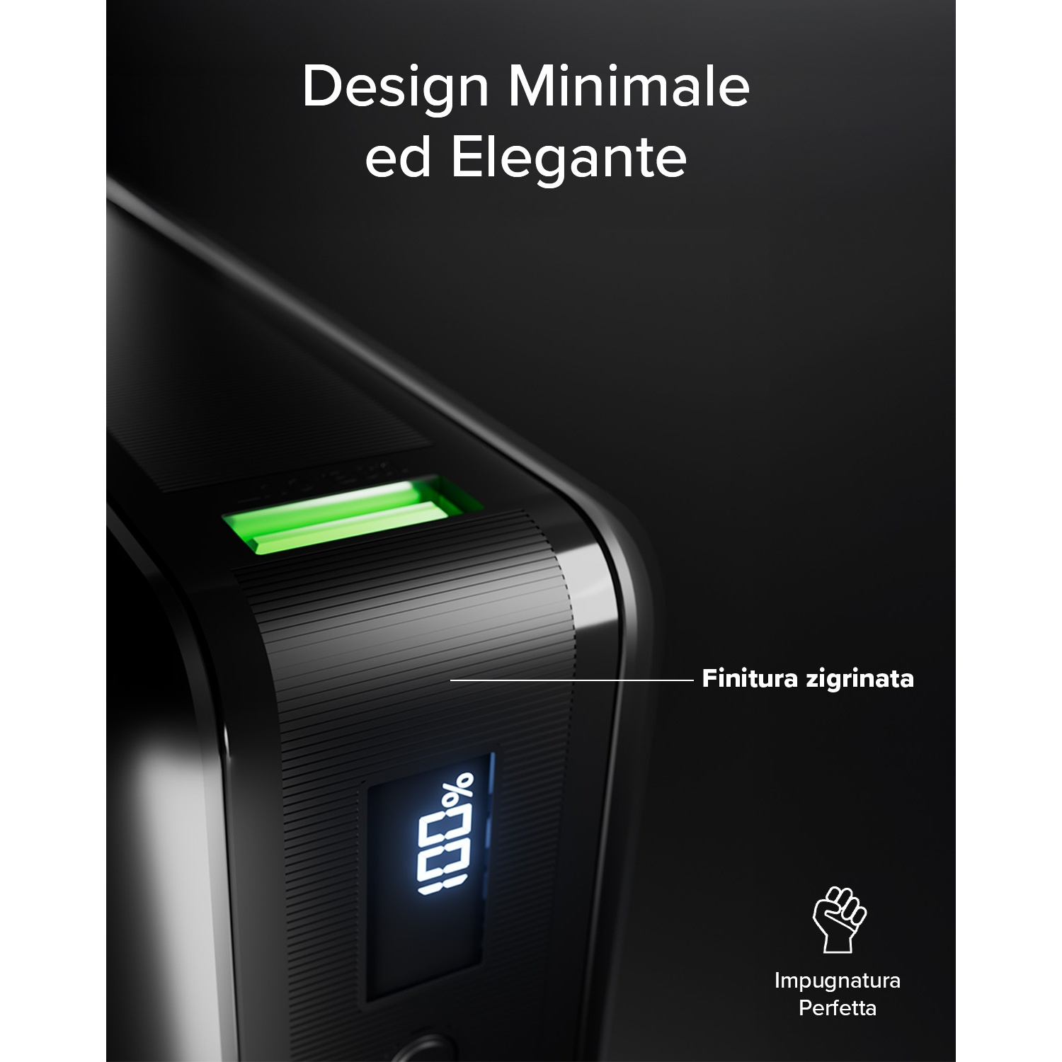 Dispositivo nero con display 100% e porta di ricarica verde.