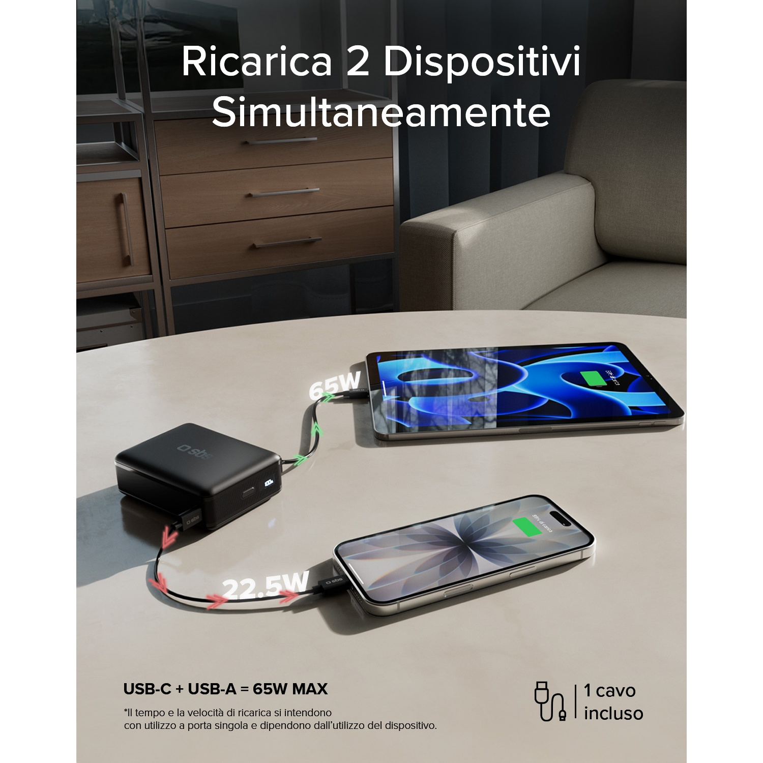 Caricabatterie nero alimenta tablet (65W) e smartphone (22,5W).