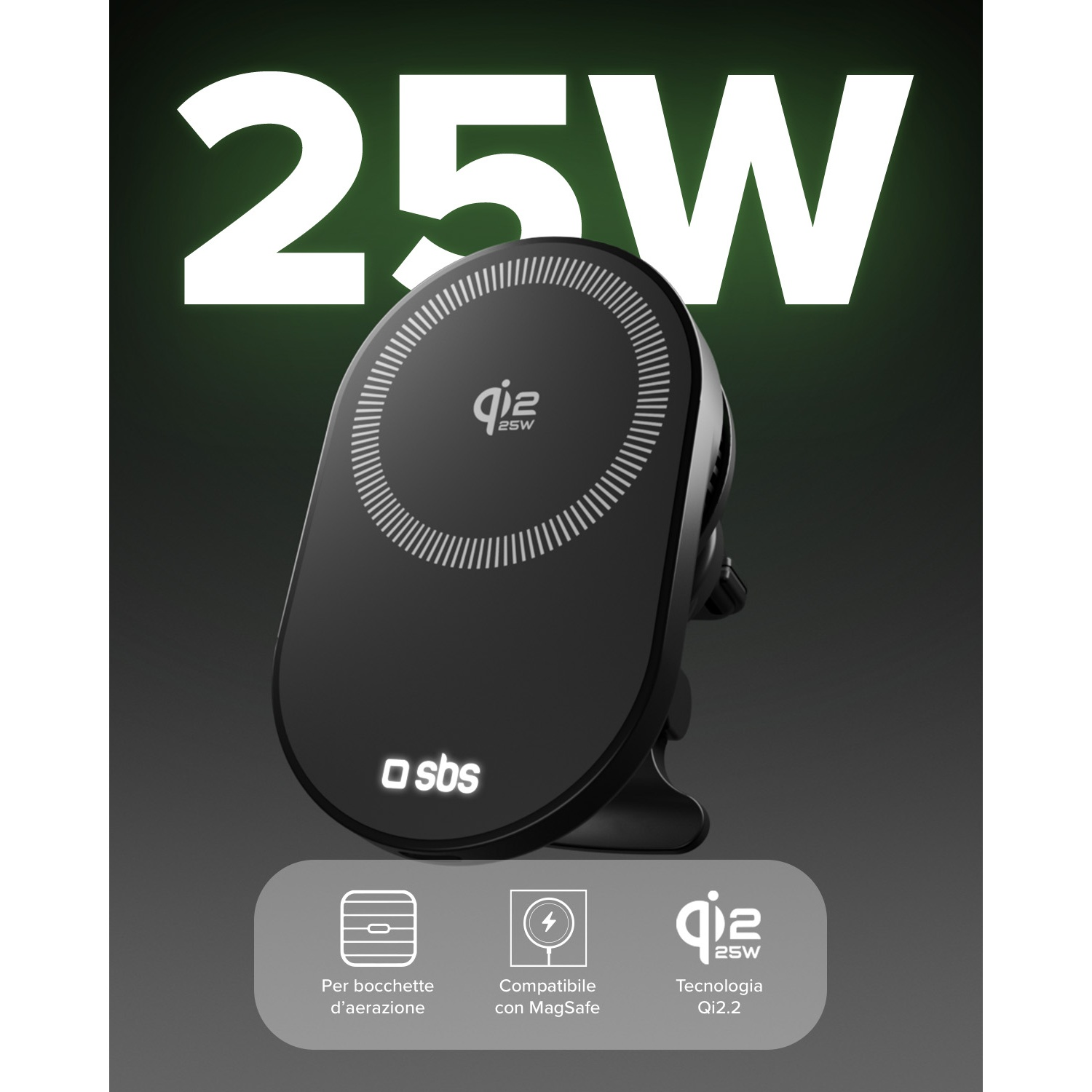 Supporto nero per telefono Qi2 25W con logo SBS e icona bocchetta aria.