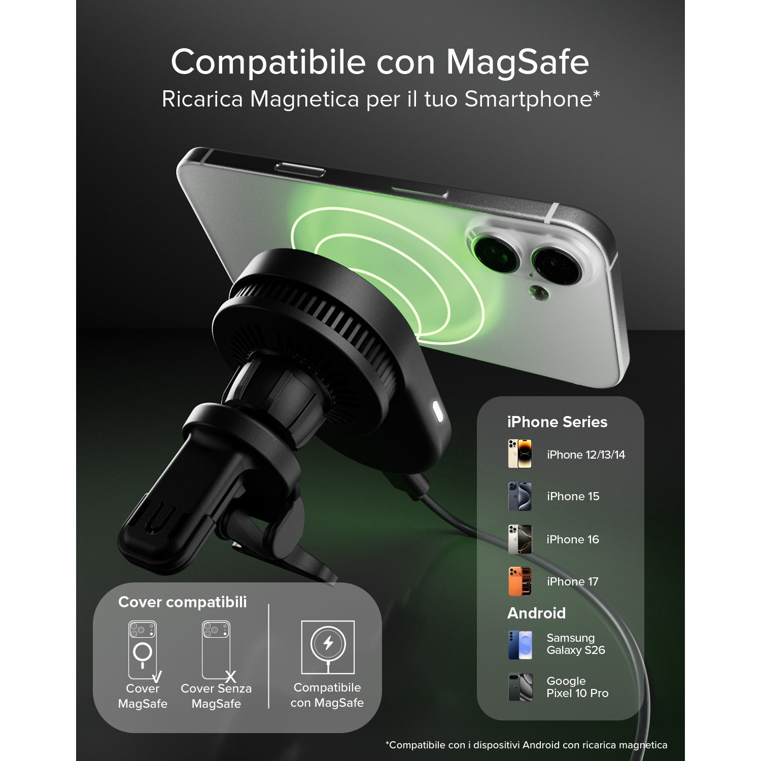 Un supporto per auto MagSafe nero che tiene un iPhone, mostrando la ricarica magnetica.