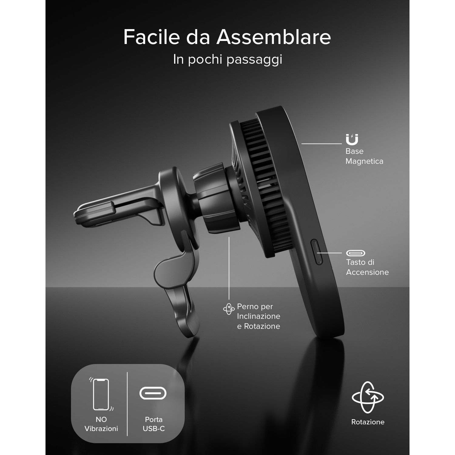 Un supporto per auto nero con base magnetica, snodo inclinazione/rotazione e porta USB-C.