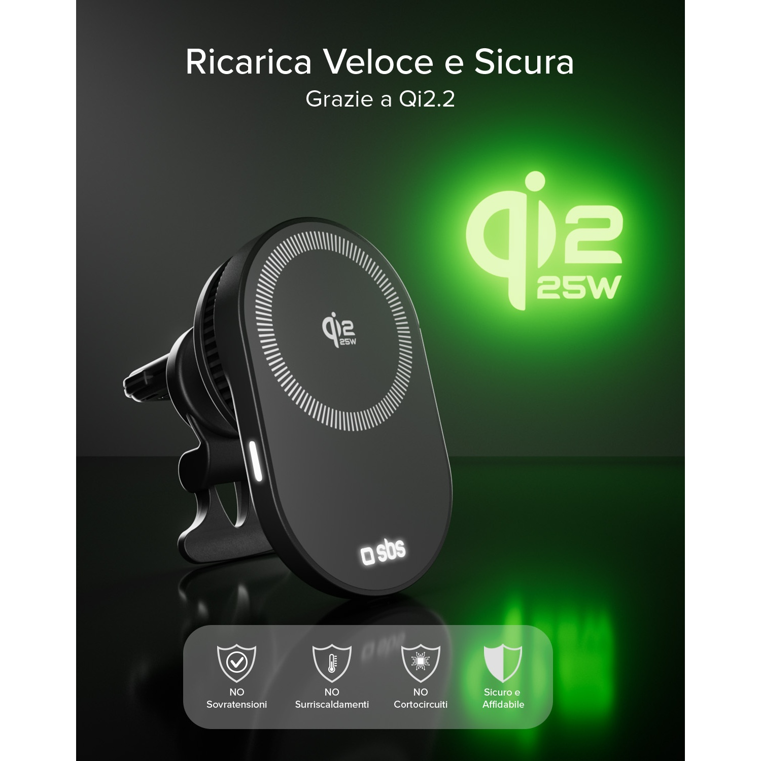 Caricatore wireless Qi2 25W nero con logo SBS e funzioni di sicurezza.