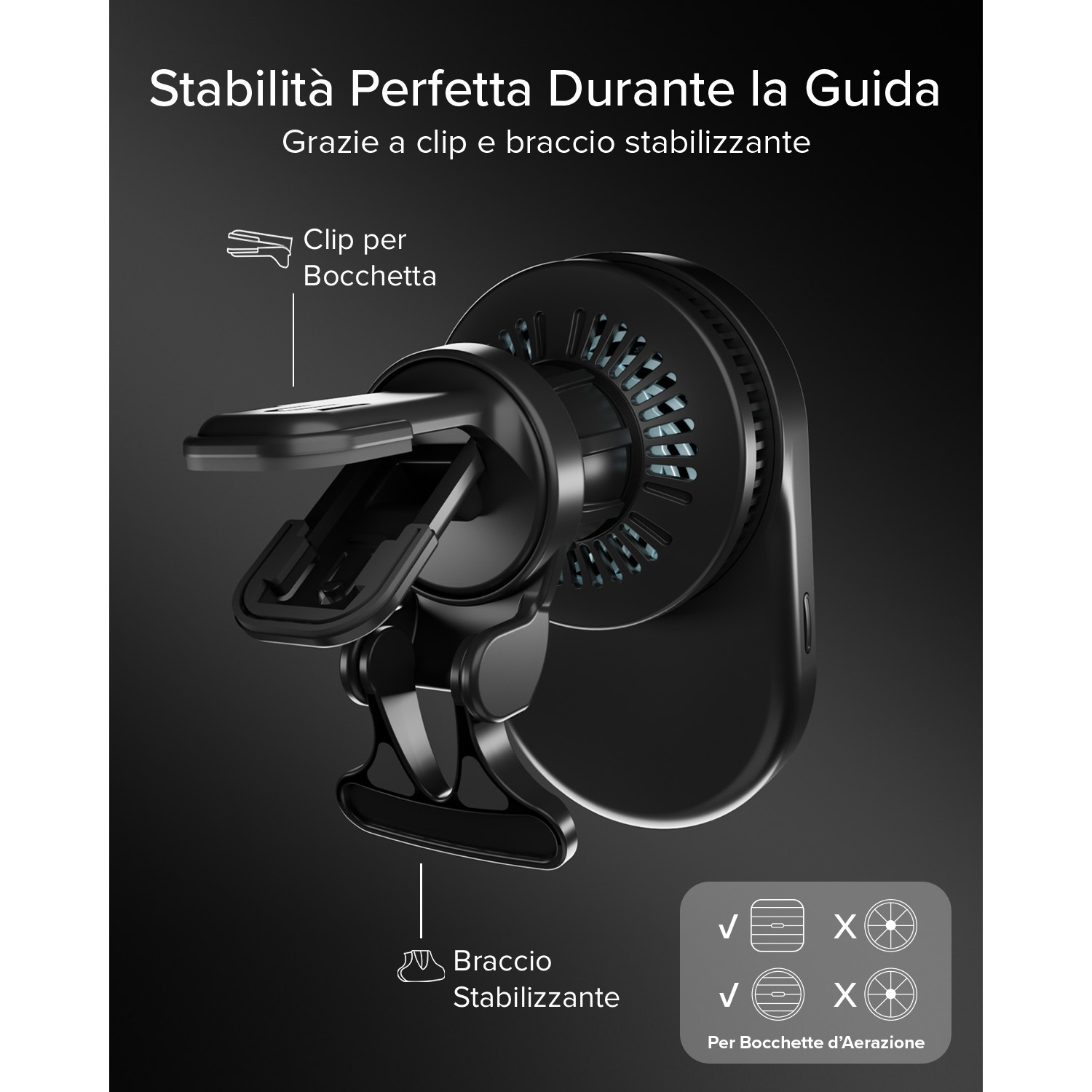 Supporto auto nero con clip e braccio stabilizzante per bocchette.
