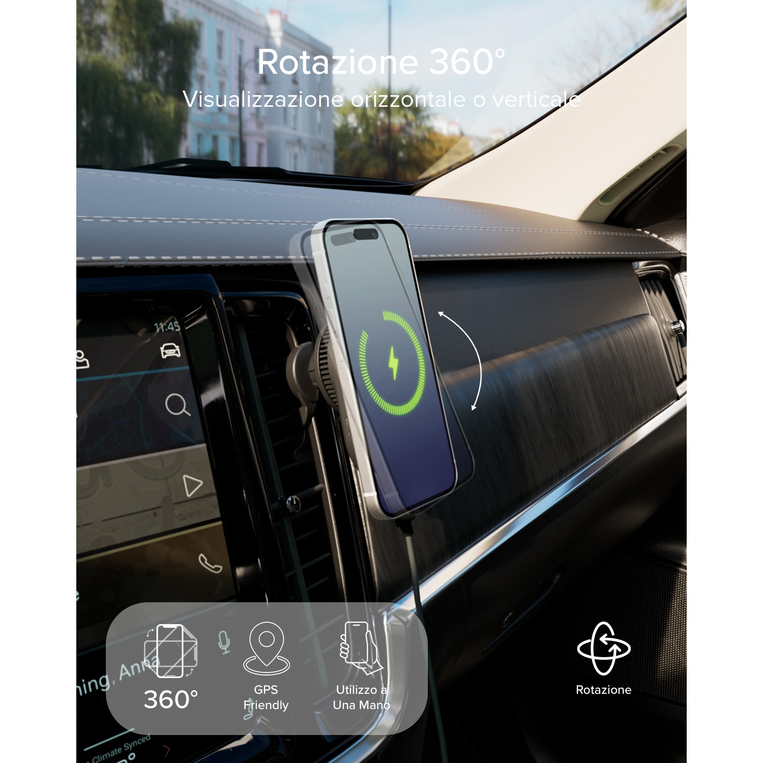 Uno smartphone si carica su un supporto rotante sul cruscotto dell'auto. Rotazione 360°.