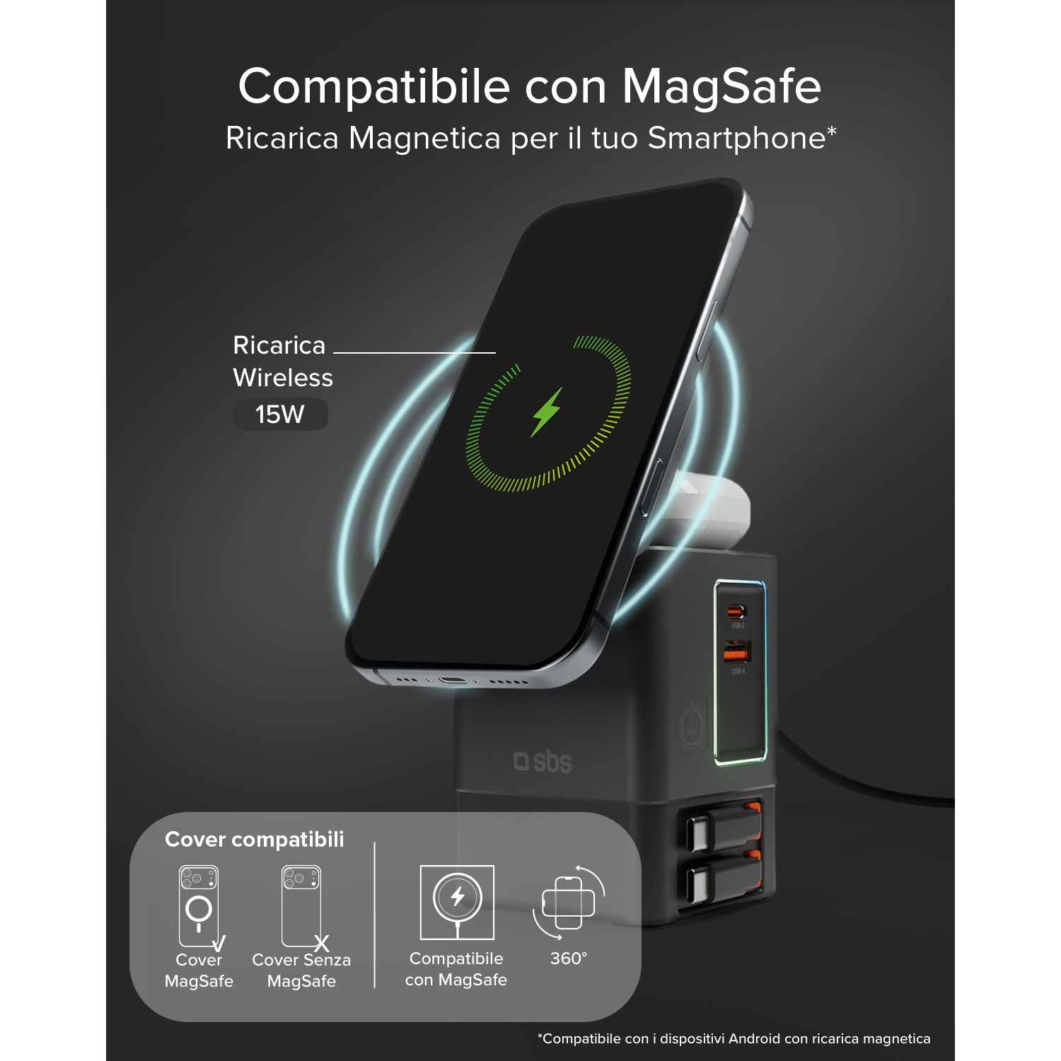 Uno smartphone si ricarica wireless a 15W su un caricatore nero con porte USB.