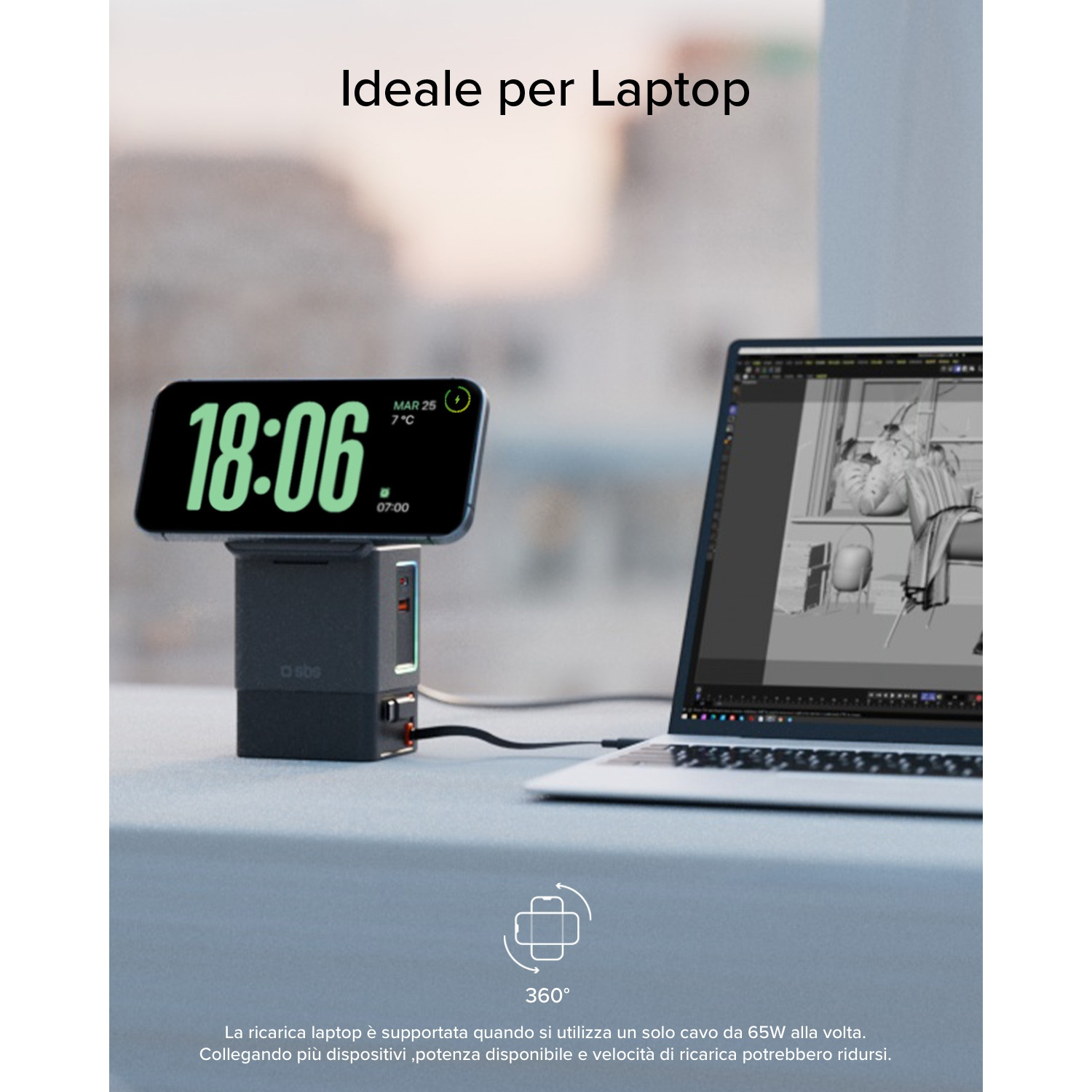 Un adattatore di ricarica con uno smartphone e un laptop.