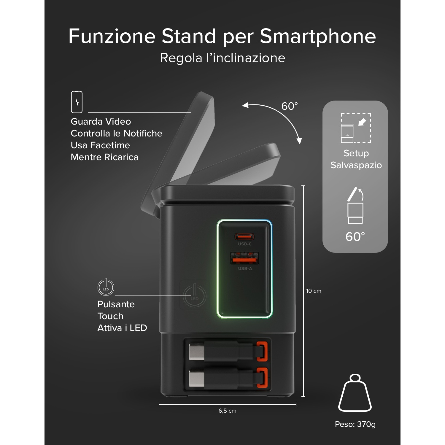 Supporto smartphone con inclinazione regolabile, porte USB e angolo 60°.