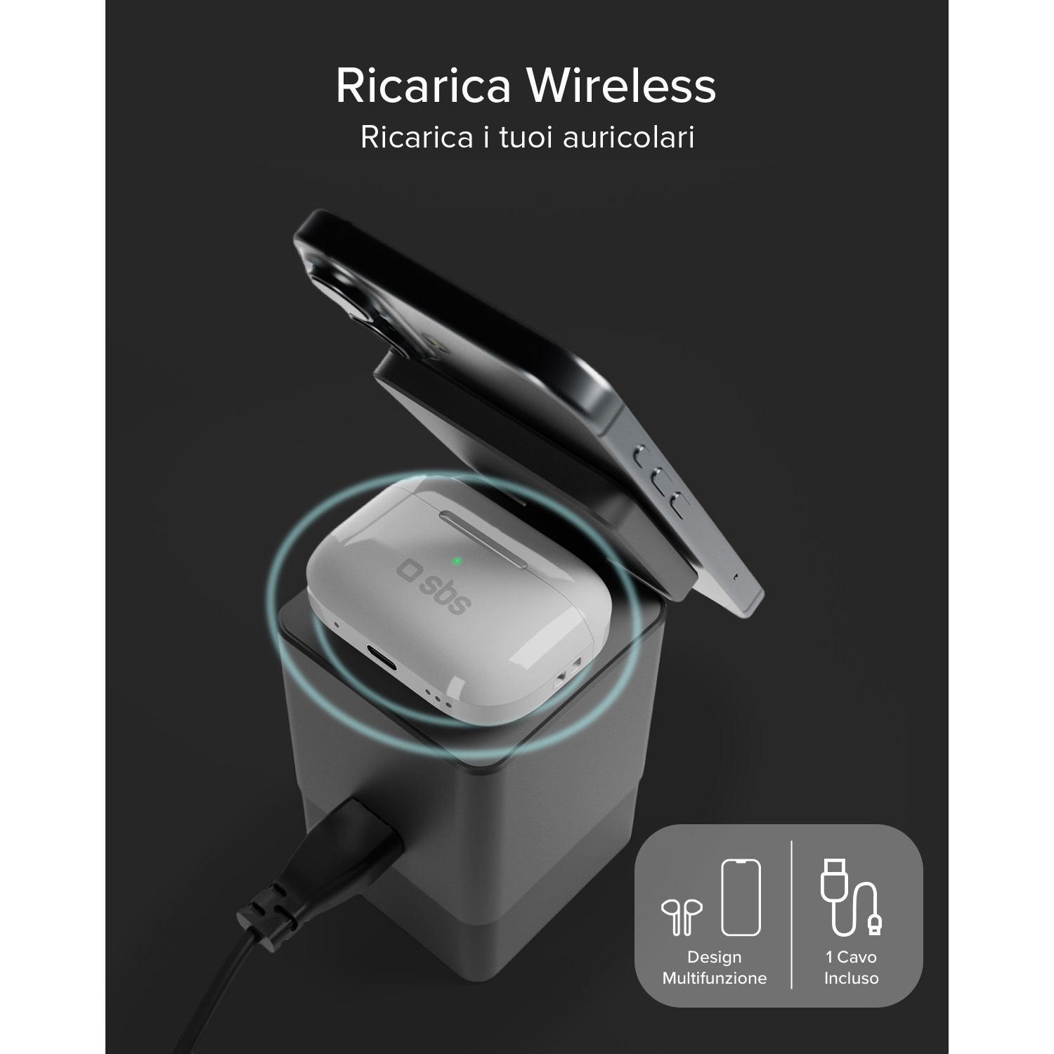 Un astuccio di ricarica bianco per auricolari si carica accanto a un telefono.