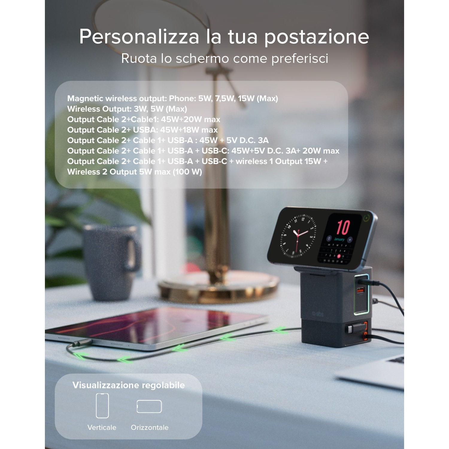 Un caricatore multiport con display digitale che carica un tablet.