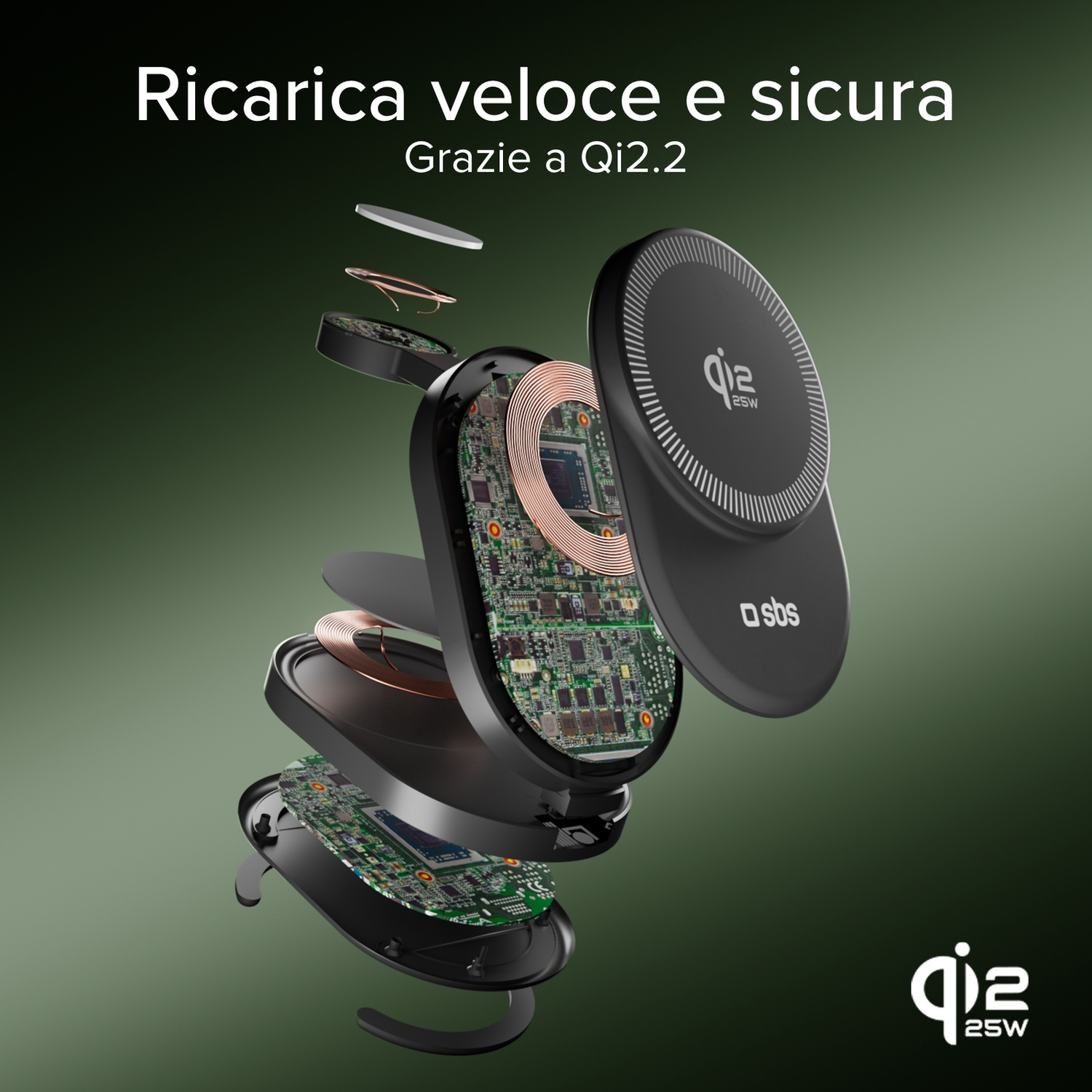 Vista esplosa di un caricatore nero Qi2.2 con bobine di rame e schede elettroniche.