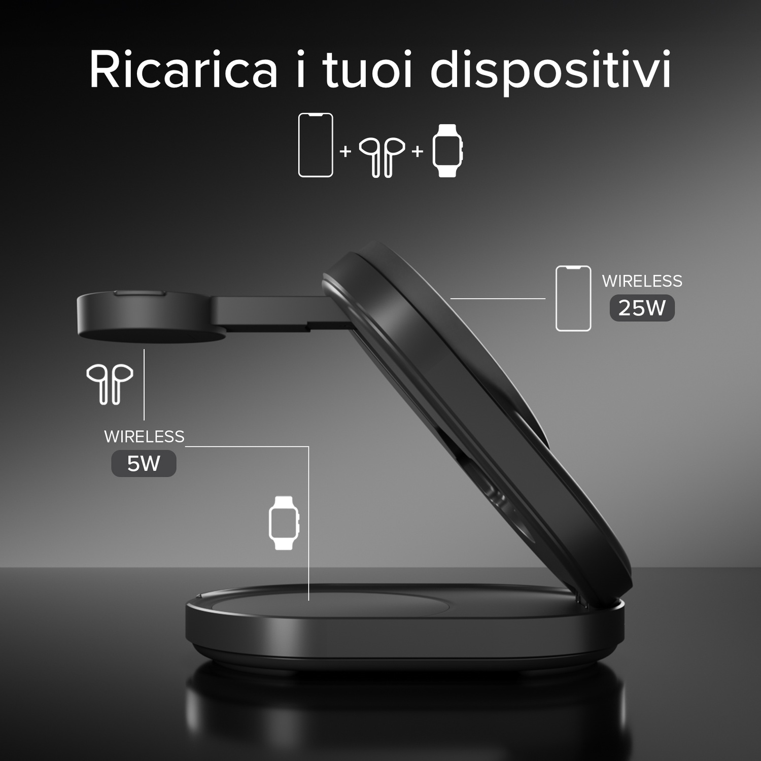 Caricatore wireless nero per smartphone, auricolari e orologio.