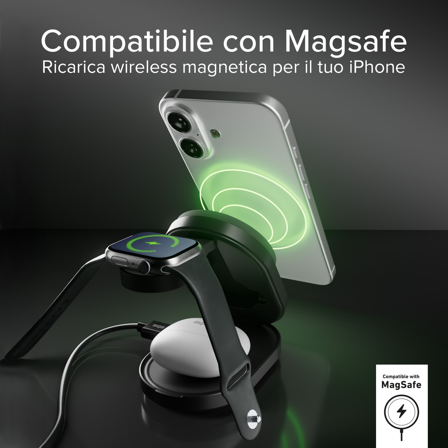 Un iPhone, un Apple Watch e auricolari si caricano su una stazione di ricarica.