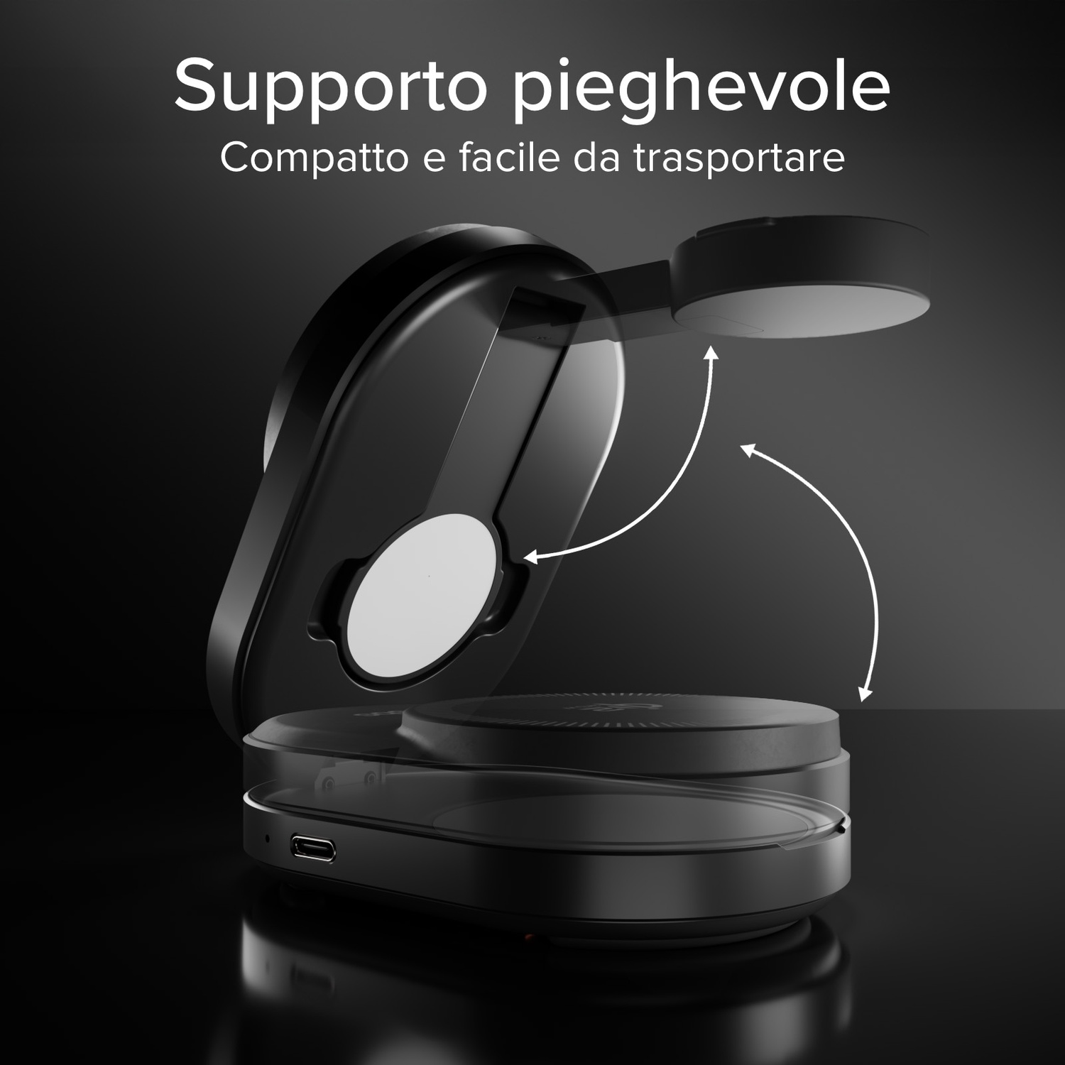 Un supporto pieghevole nero con frecce che indicano il suo movimento.