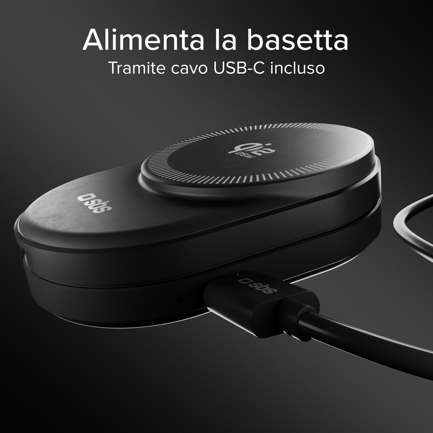 Base di ricarica nera con cavo USB-C collegato al lato.