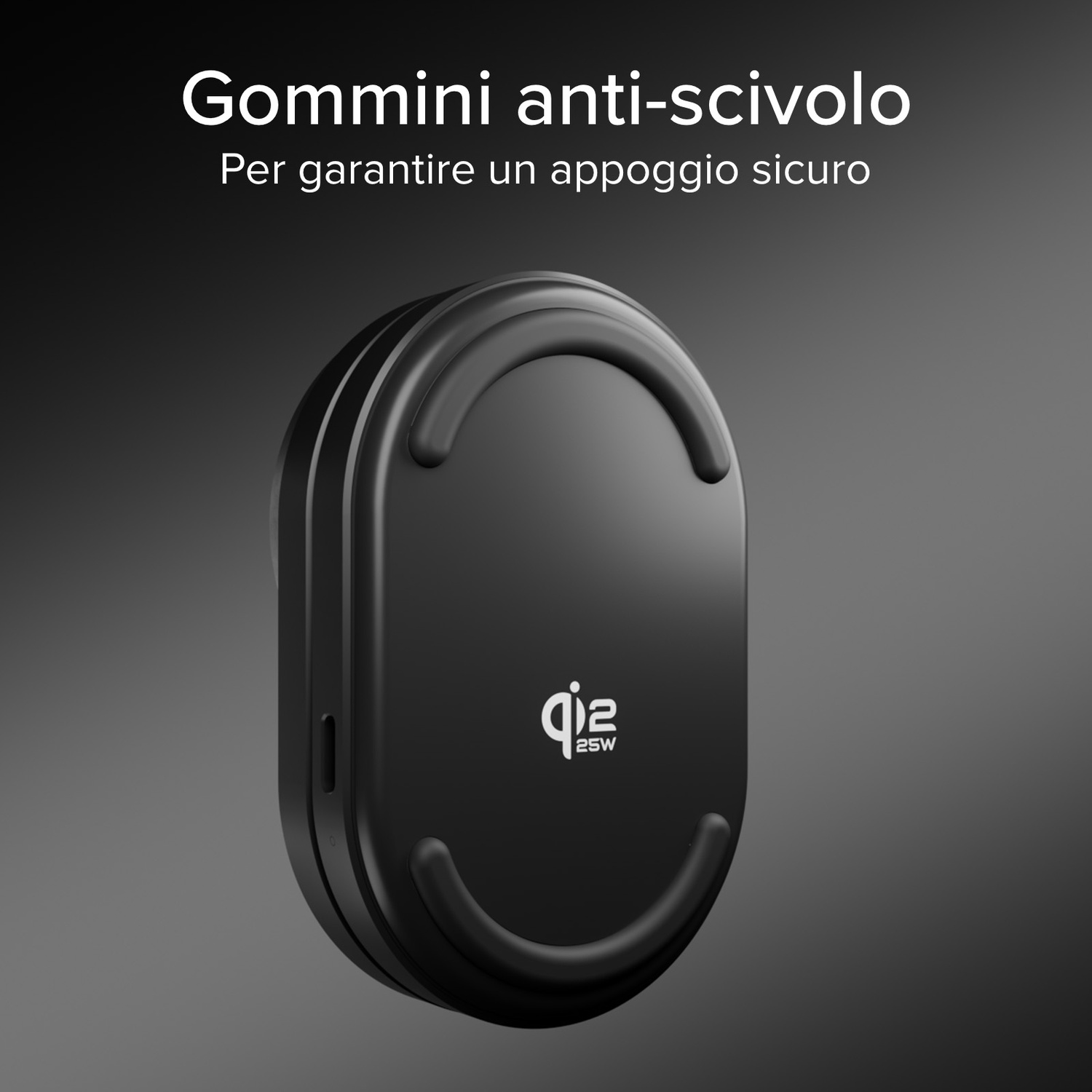 Caricatore Qi nero e rotondo con logo e scritta '25W' su sfondo grigio.